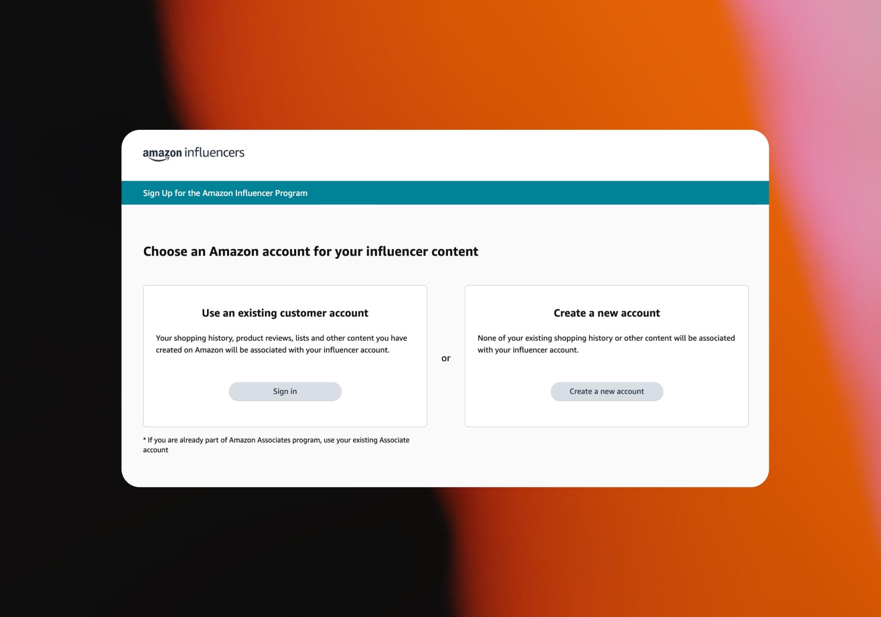 Screenshot of sign-up page for the Amazon Influencer Program