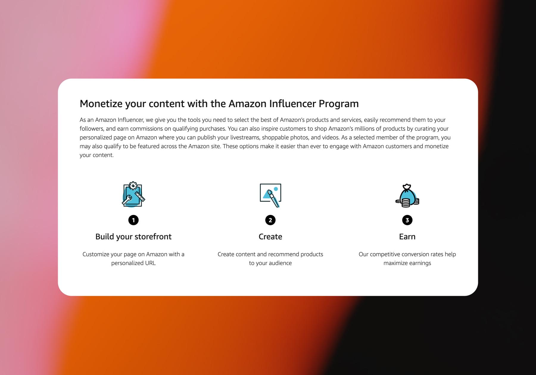 Screenshot of the page to monetize your content with the Amazon Influencer Program