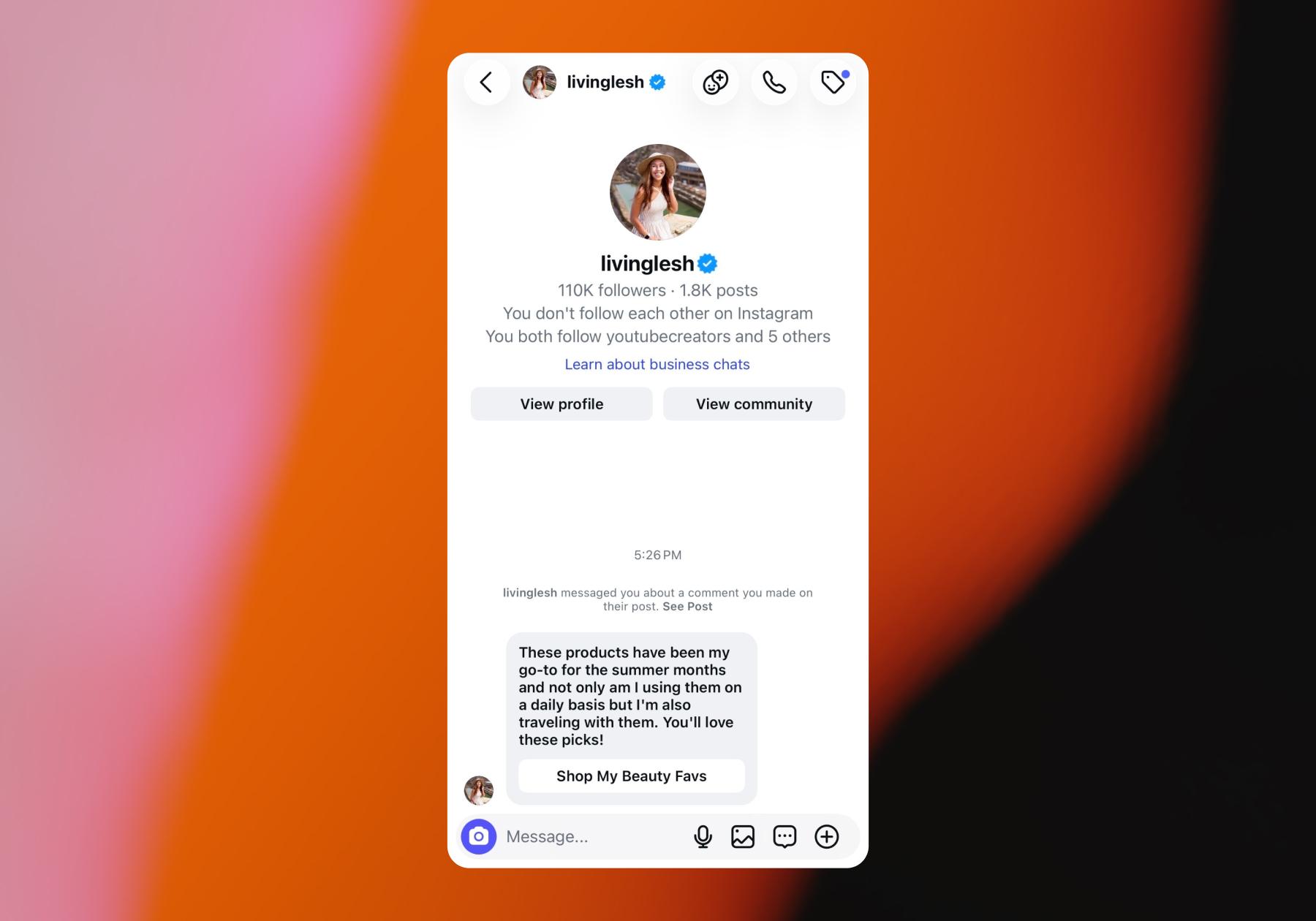 Screenshot of a DM sent via Manychat flow