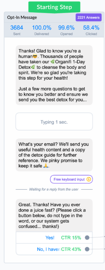 Organifi's Facebook chabot sequence getting to know their new lead