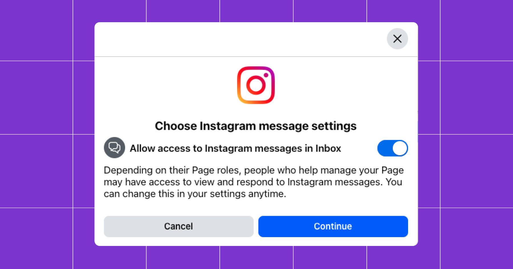 Screenshot of Instagram message settings with the "allow access to Instagram messages in inbox" option toggled on 