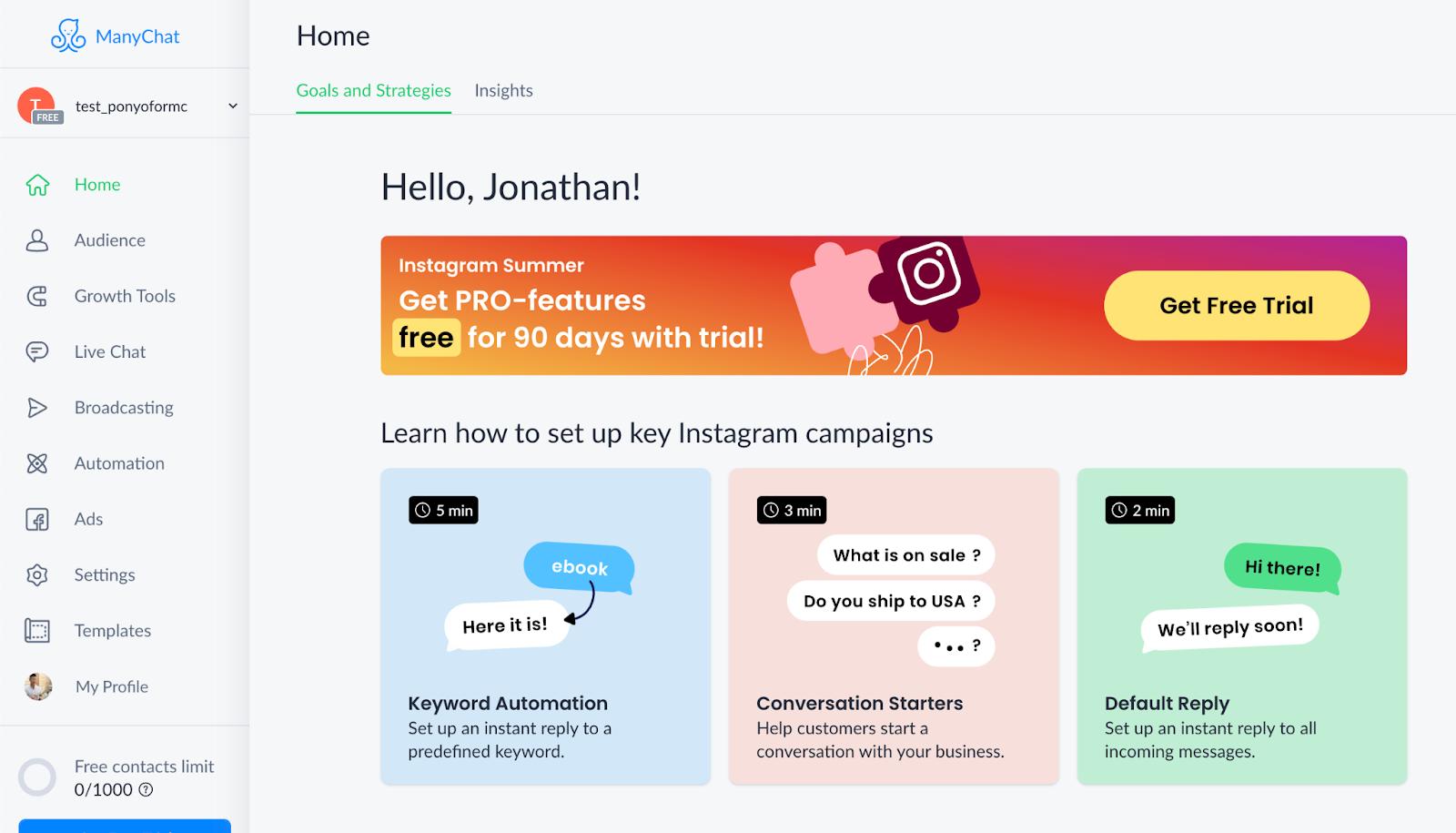 Manychat dashboard