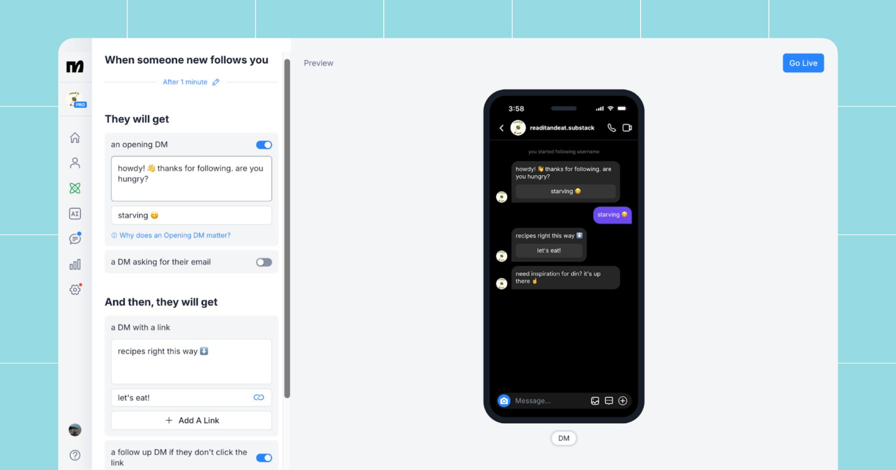 Screenshot of the "when someone follows you" or Follow to DM quick automation in Manychat