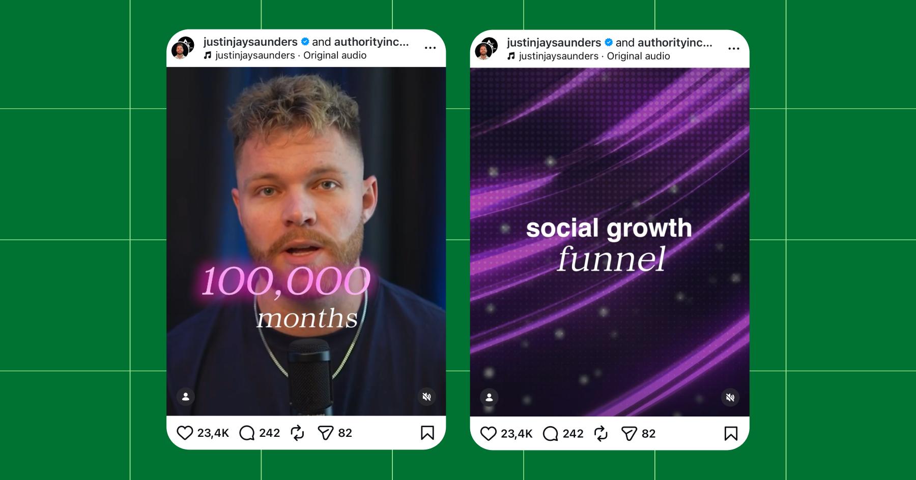 Screenshot of Justin Saunders Instagram account with images that say "100,000 months" and "social growth funnel" 