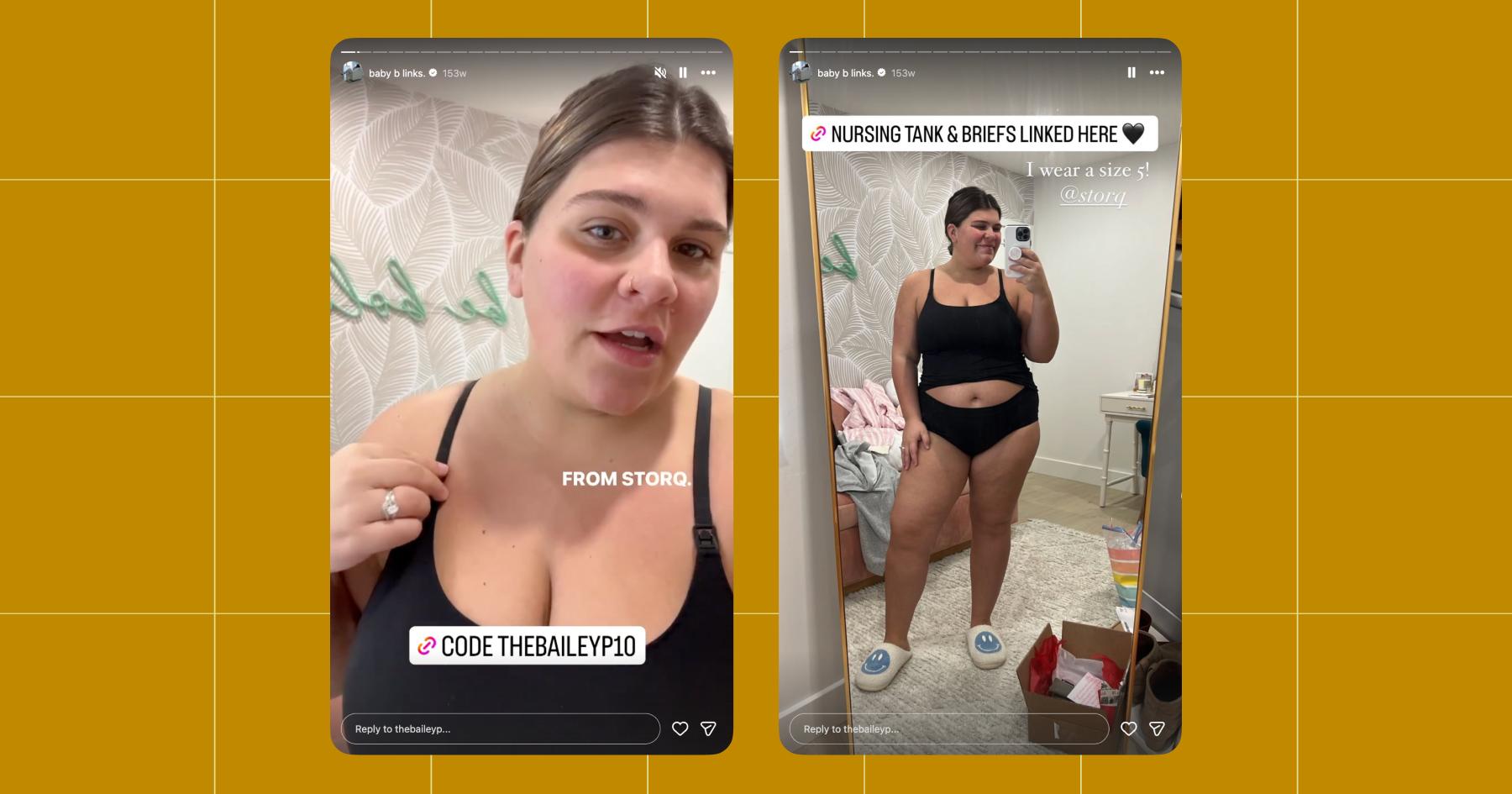 Screenshot of Bailey's Instagram Stories featuring discount links to products she likes and shares with her followers