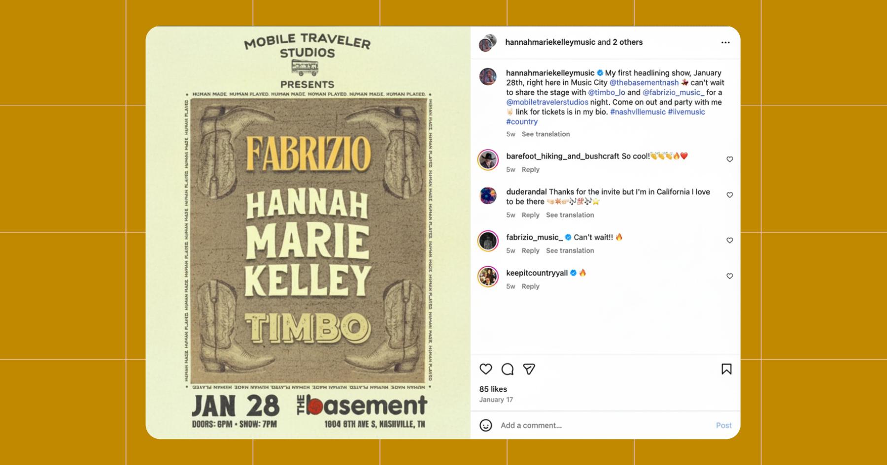Screenshot of Hannah Marie Kelley's Instagram account showing a post about an upcoming show