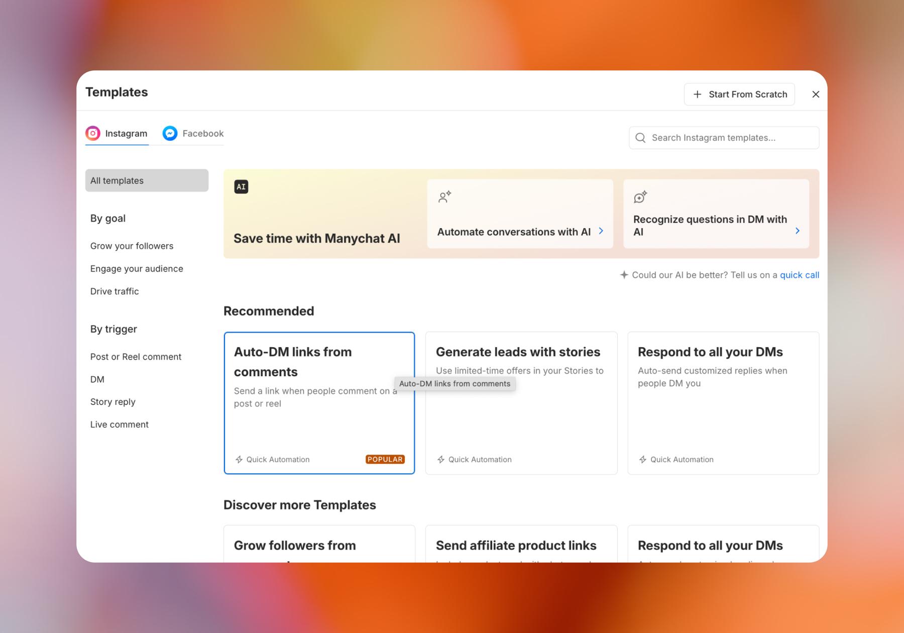 Screenshot of Manychat flow options