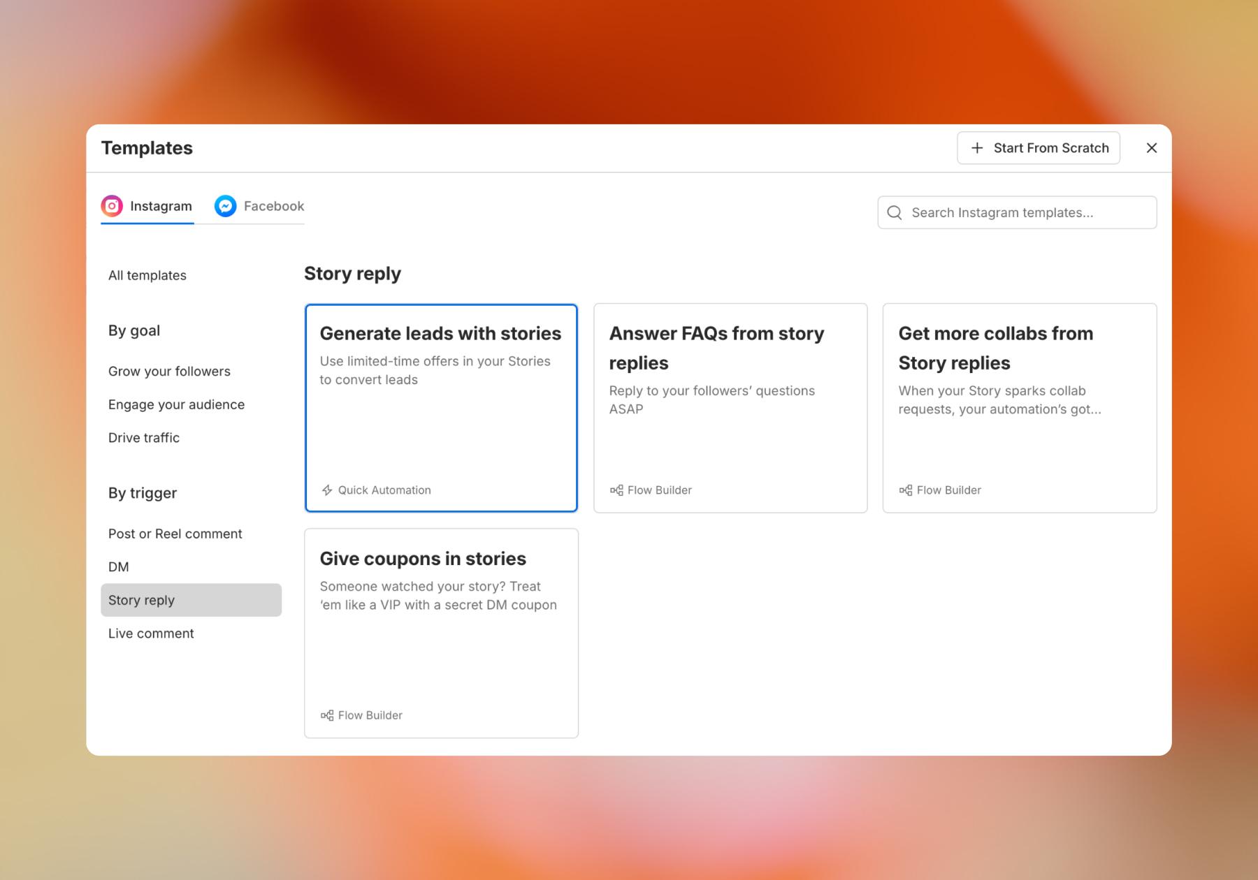 Screenshot of Manychat flow options