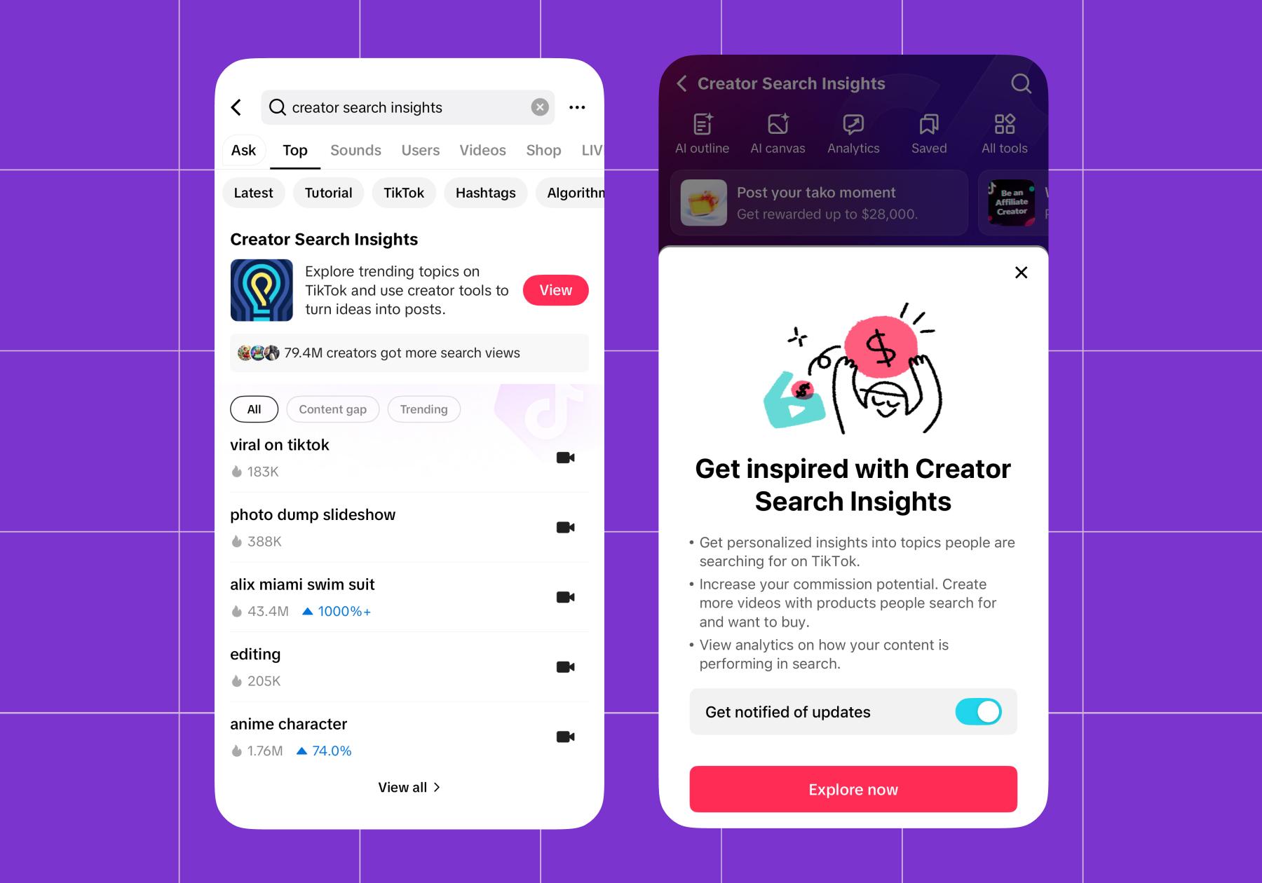 Screenshots of Creator Search Insights from TikTok featuring categories like "viral on tiktok", "photo dump slideshow", "alix miami swimsuit", "editing", "anime character" and a screenshot that says "Get inspired with Creator Search Insights" 