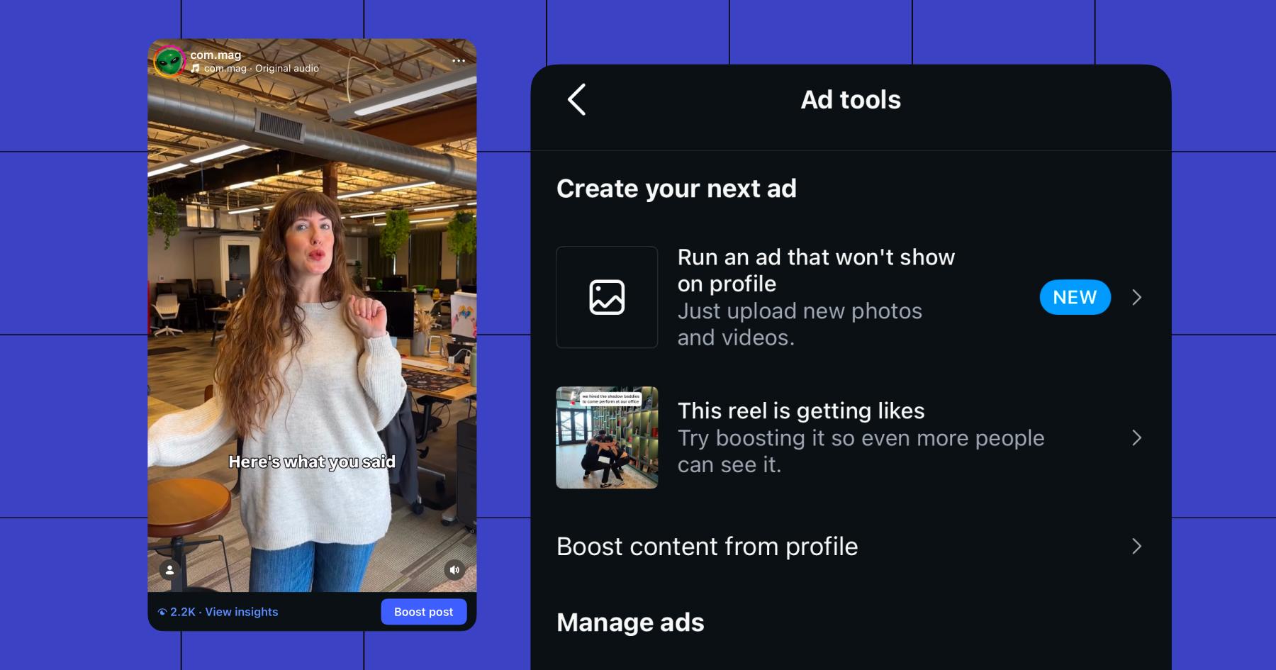 Screenshot of Instagram Ad tools options for "Create your next ad"