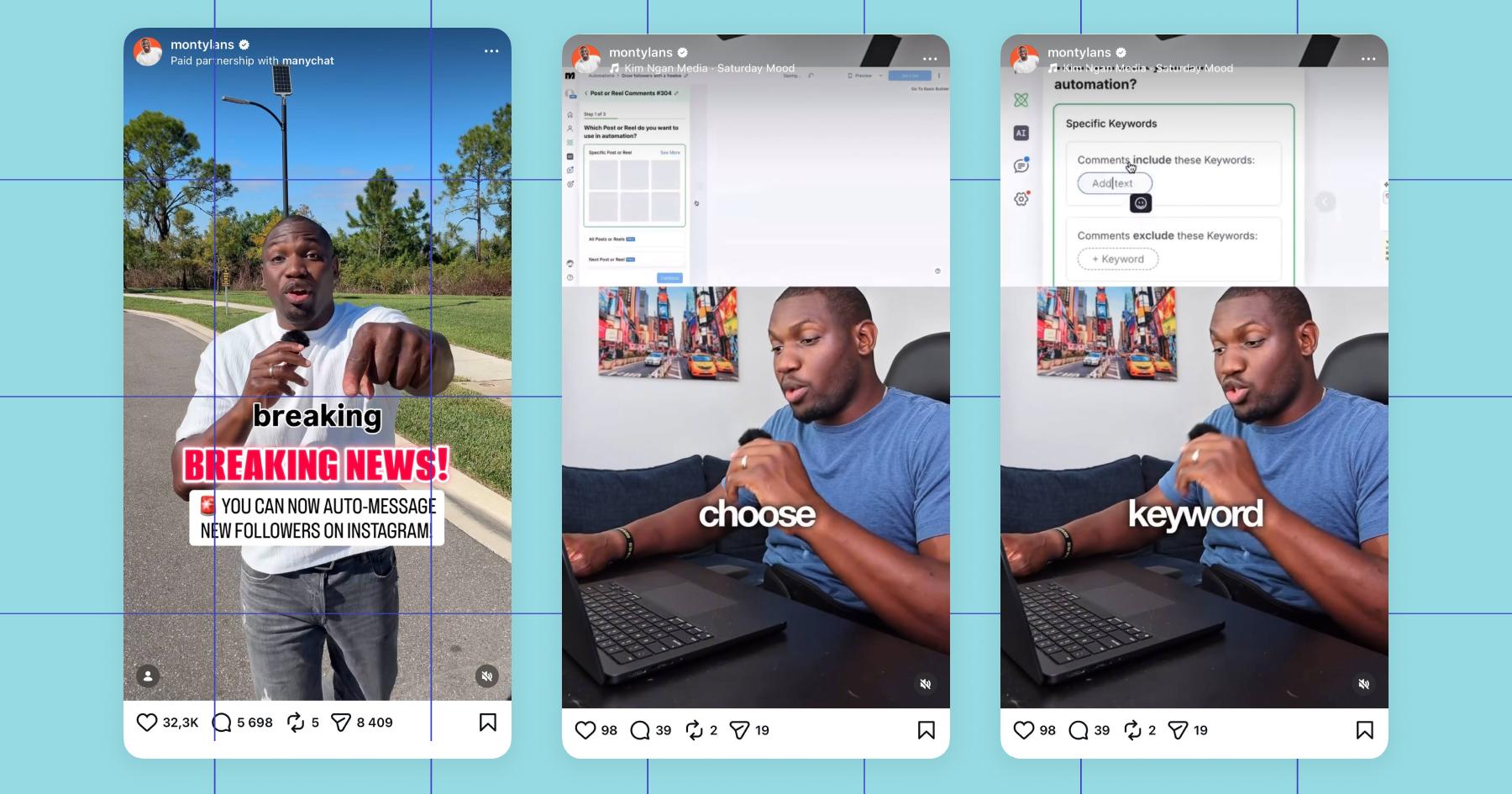 Screenshot of Monty Lans Instagram posts sharing "BREAKING NEWS: You can now auto-message new followers on Instagram" with Manychat's new Follow to DM