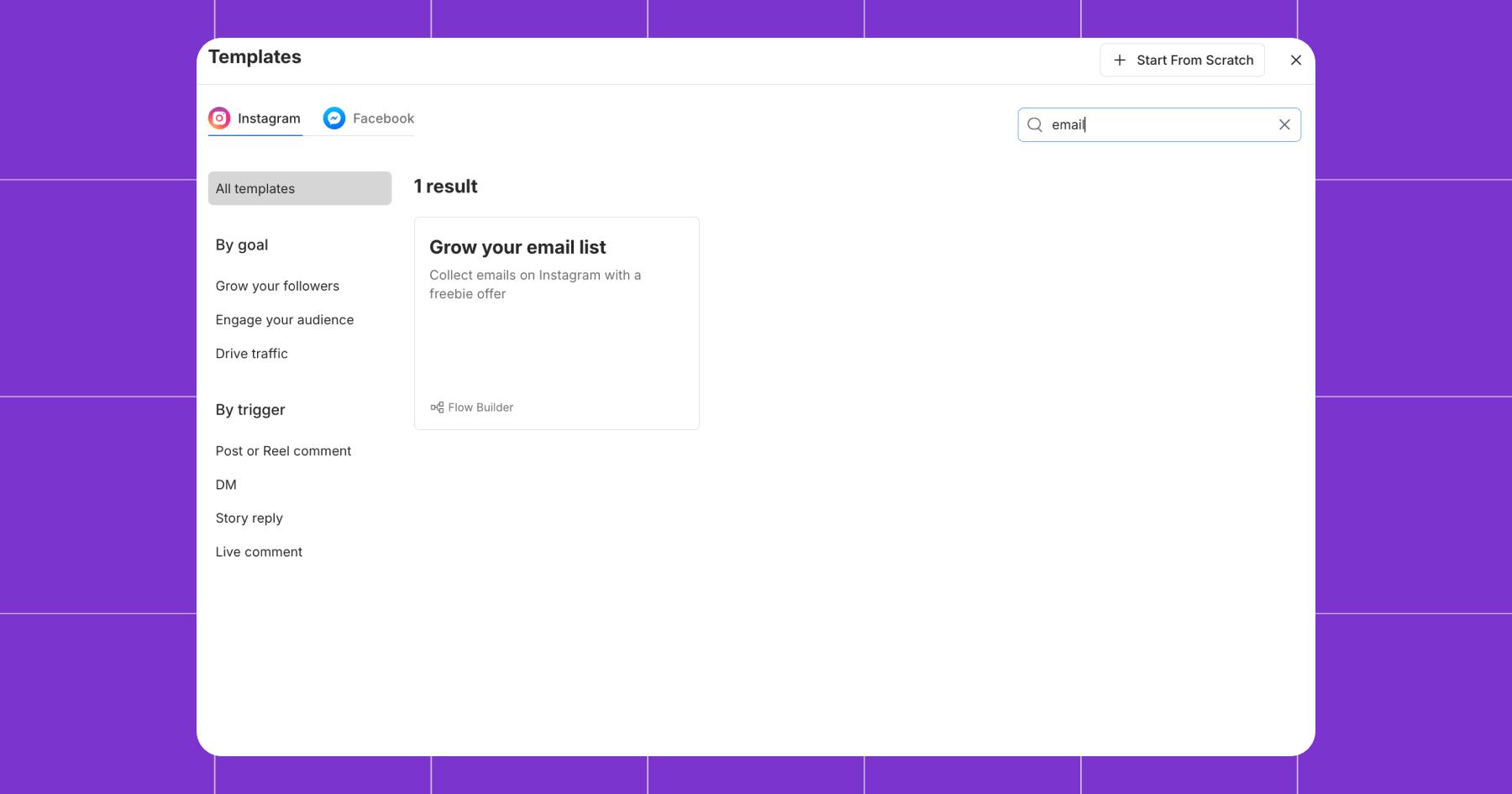 Screenshot of template options for Instagram in Manychat
