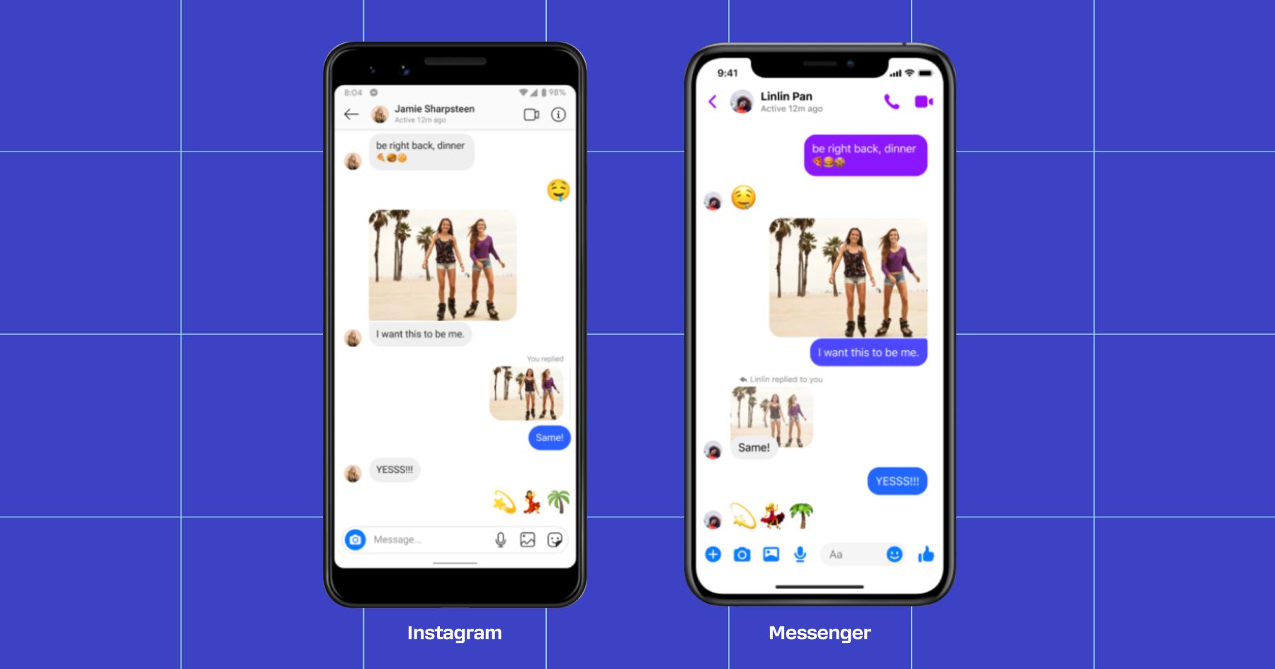 Screenshots of the same messages on Instagram and Messenger 