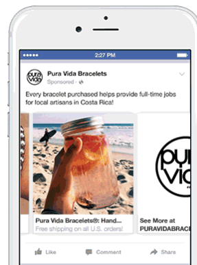 Facebook ad that clicks to Messenger Example from Pura Vida Bracelets