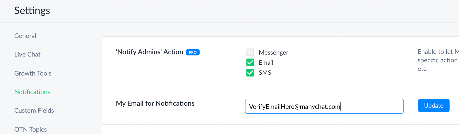 Manychat email settings
