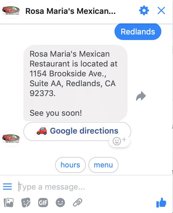 Another example of Rosa Maria's Mexican Restaurant using Manychat to provide location information