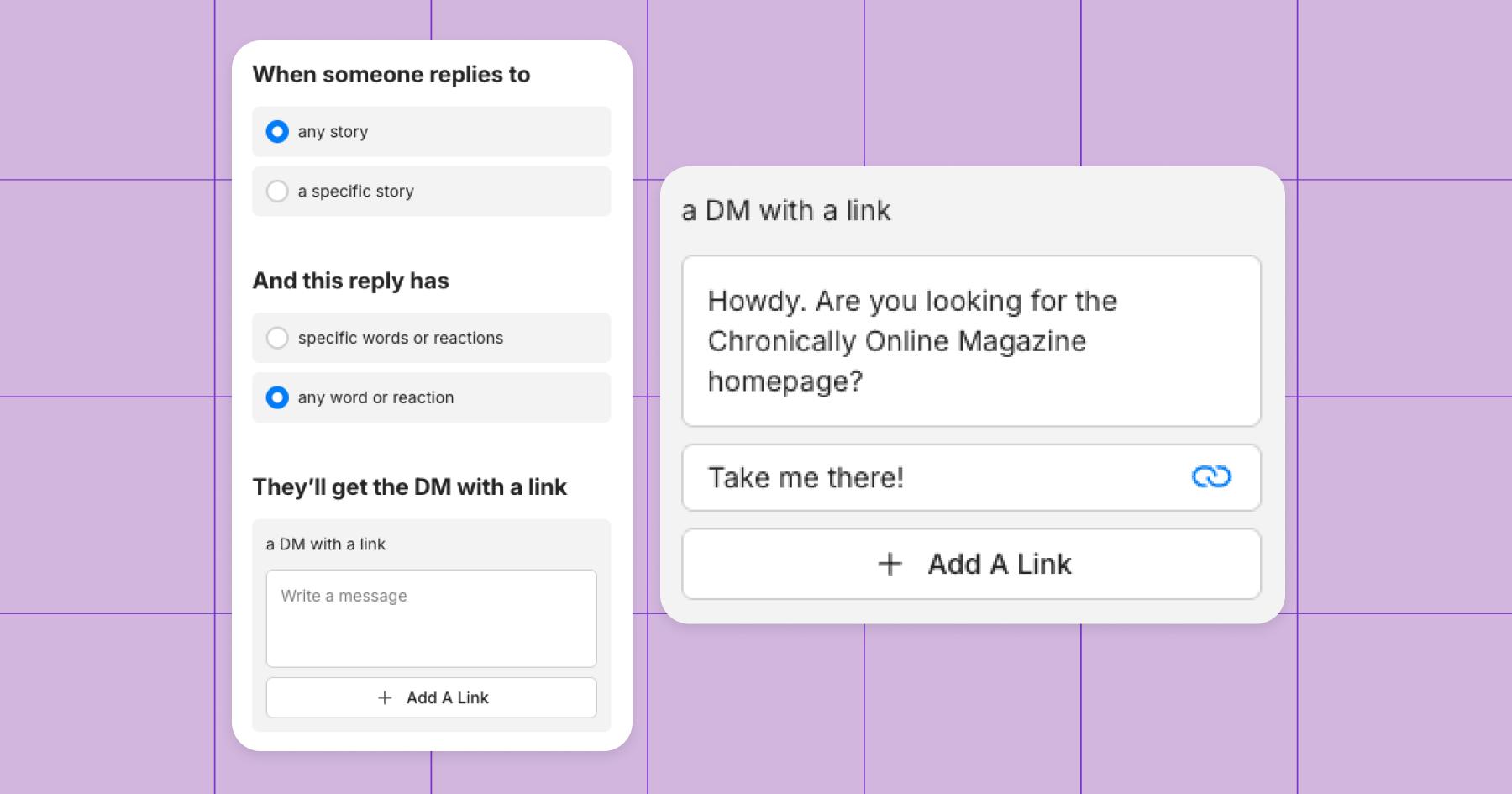 Screenshots of options for the Manychat Instagram Story reply automation