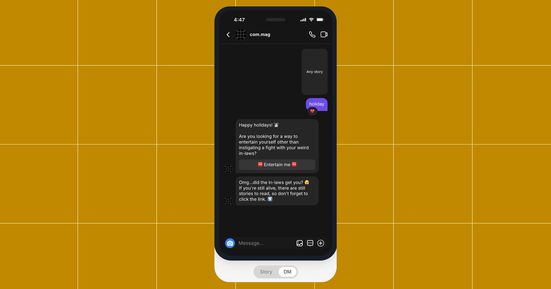 Screenshot of COM mag Instagram inbox using the Story reply automation we just walked through in the examples 