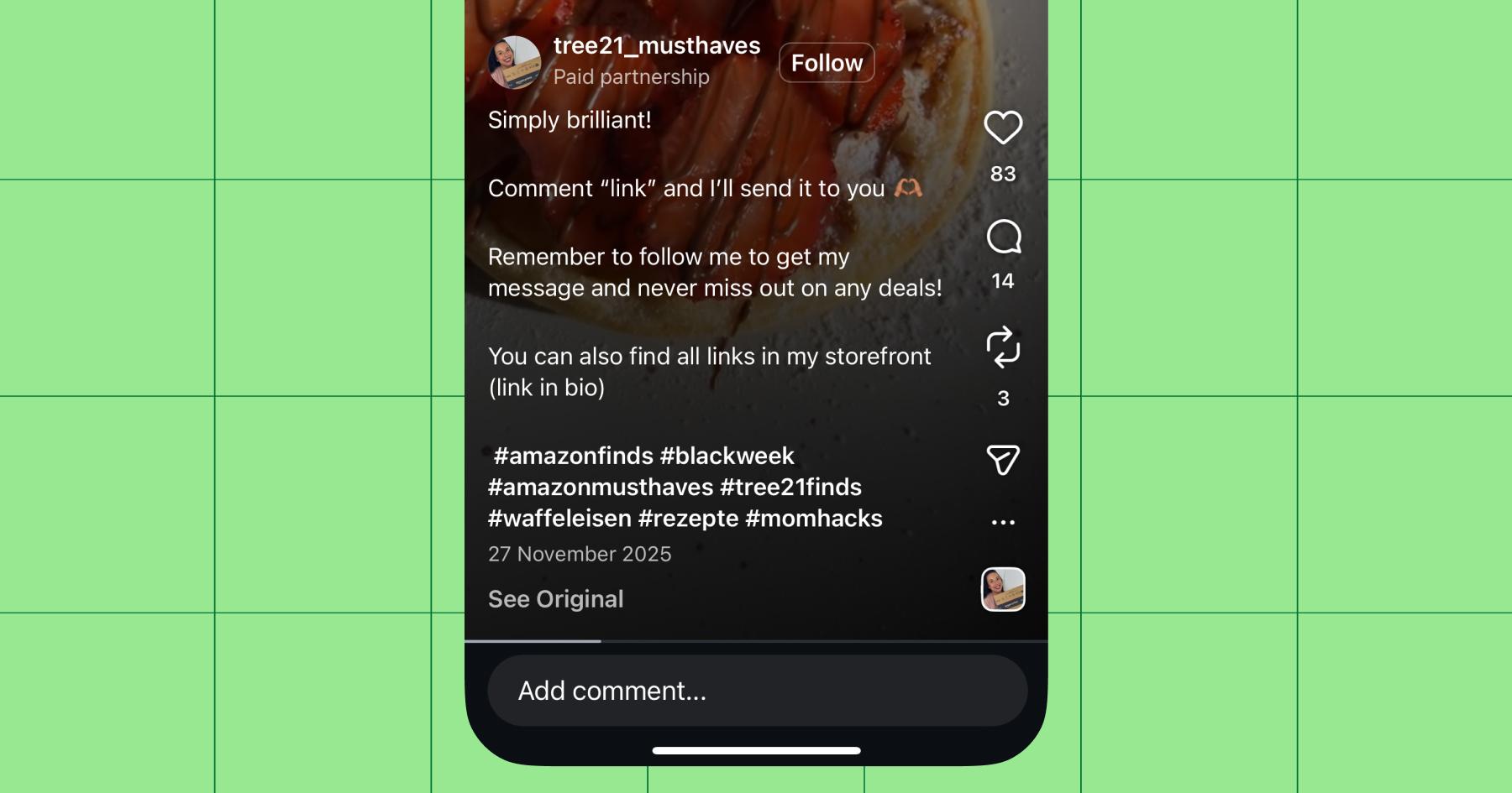 Screenshot of Patrizia's Instagram account featuring a post with Manychat automation