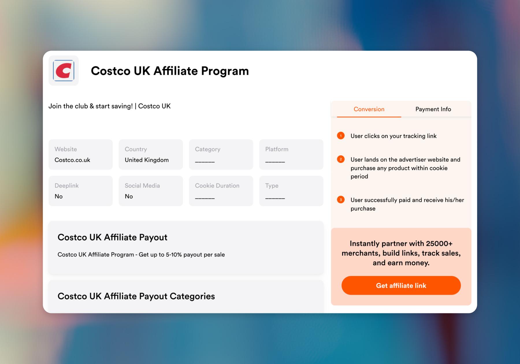 Screenshot of the Costco UK Affiliate Program details