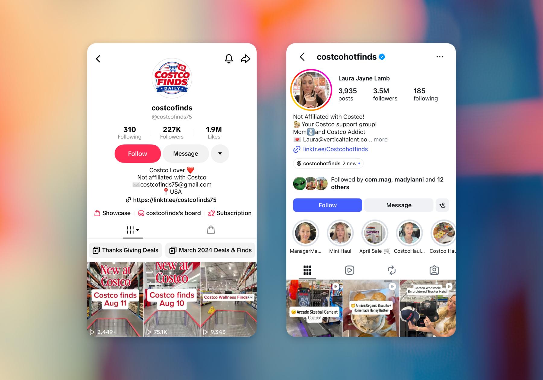 Screenshot of Costco-centered creator accounts that say in their bio they're "not affiliated with Costco" 
