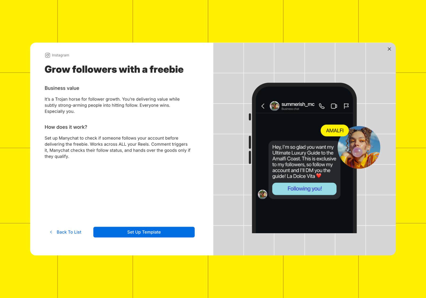 Screenshot of Manychat’s Grow followers with a freebie template