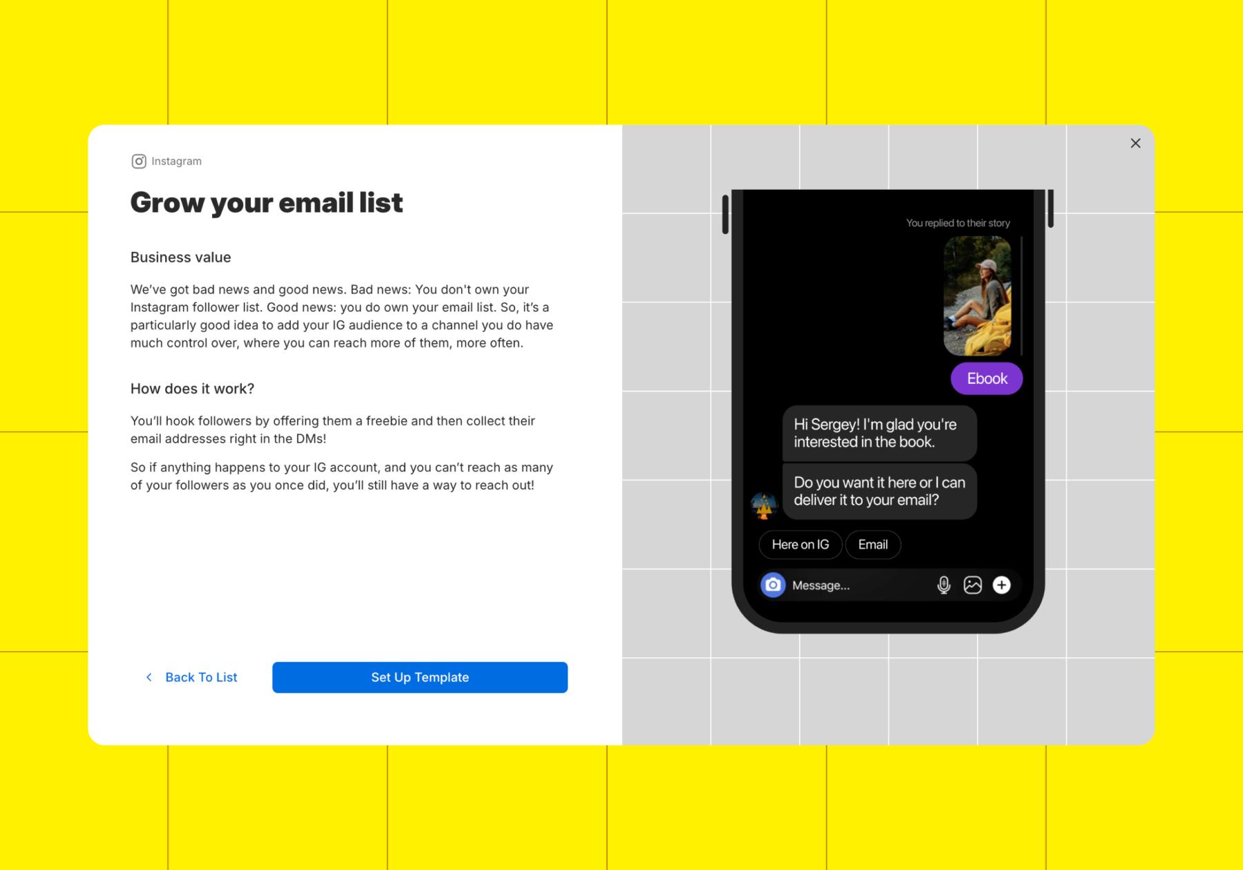 Screenshot of Manychat’s Grow your email list template