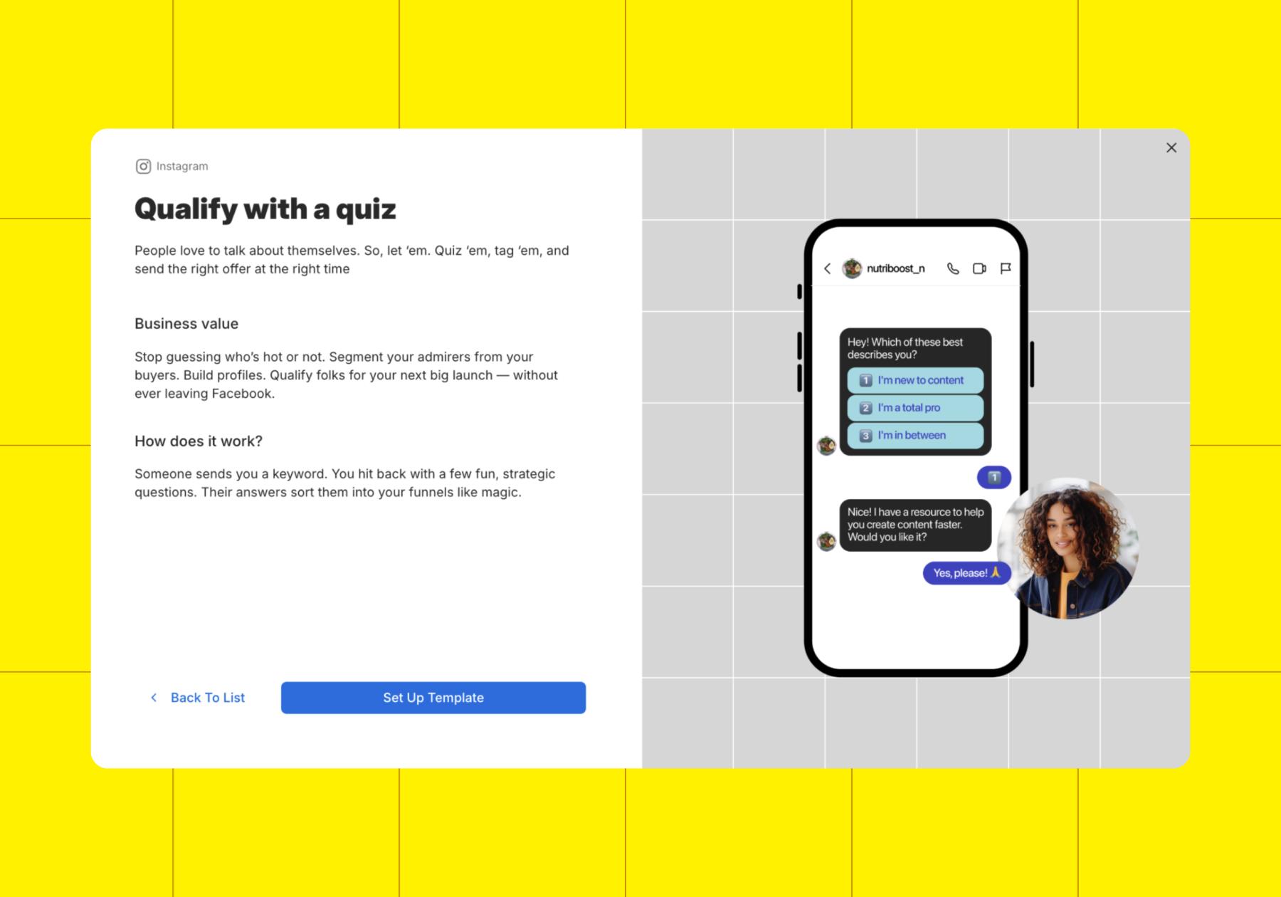 Screenshot of Manychat's qualify with a quiz template