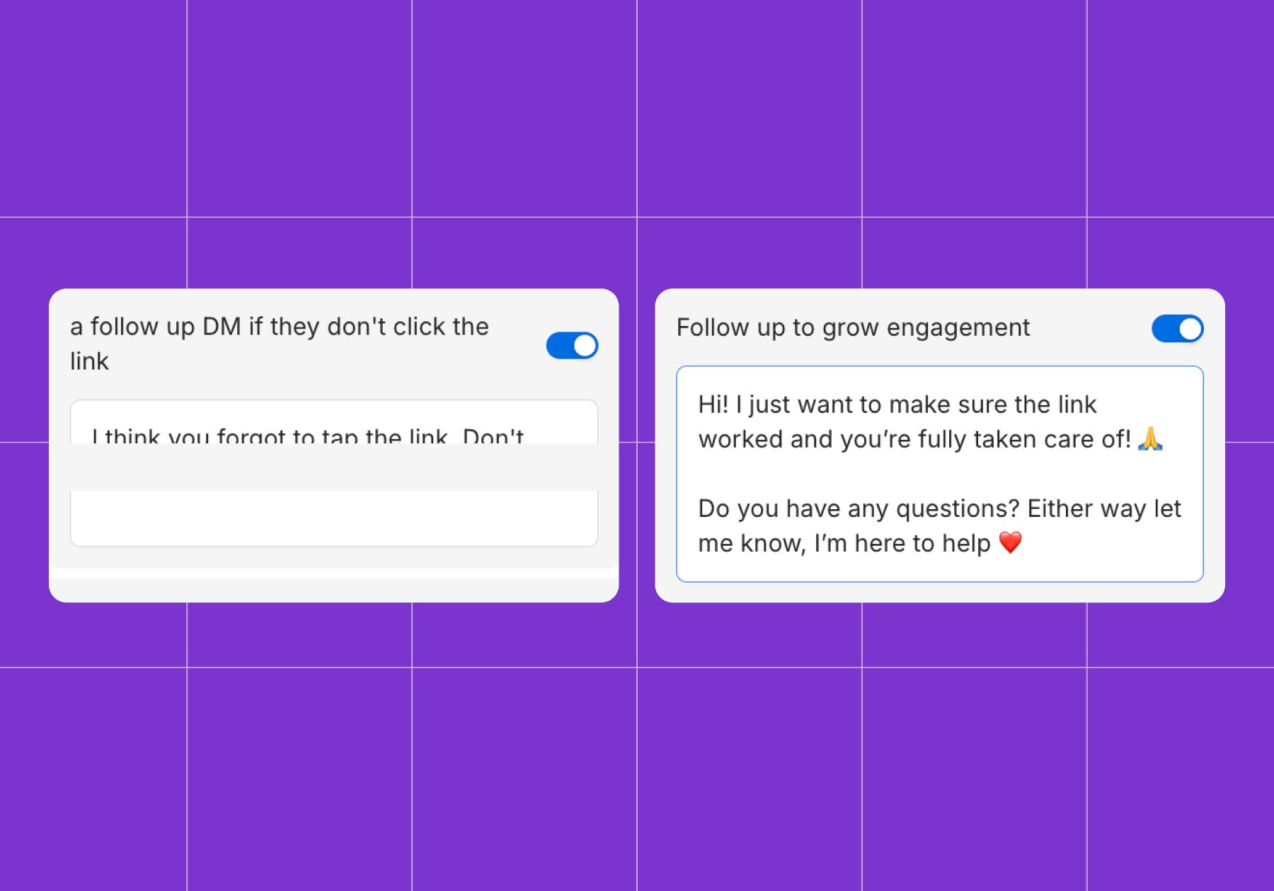 Screenshot of toggled on options in Manychat to help grow your engagement
