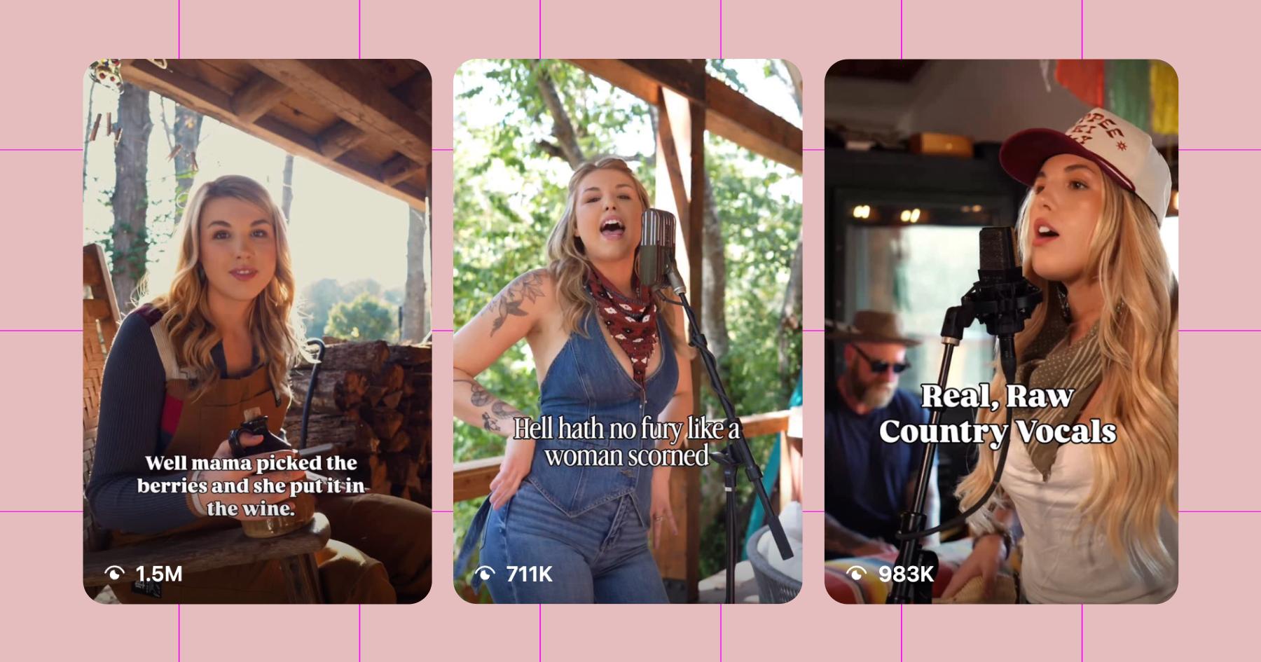 Screenshots of Hannah Marie Kelley's Instagram account: 1. "Well mama picked the berries and she put it in the wine." 2. "Hell hath no fury like a woman scorned." 3. "Real, Raw Country Vocals". All of the captions are superimposed over images of the singer, either singing into a mic or looking at the camera.