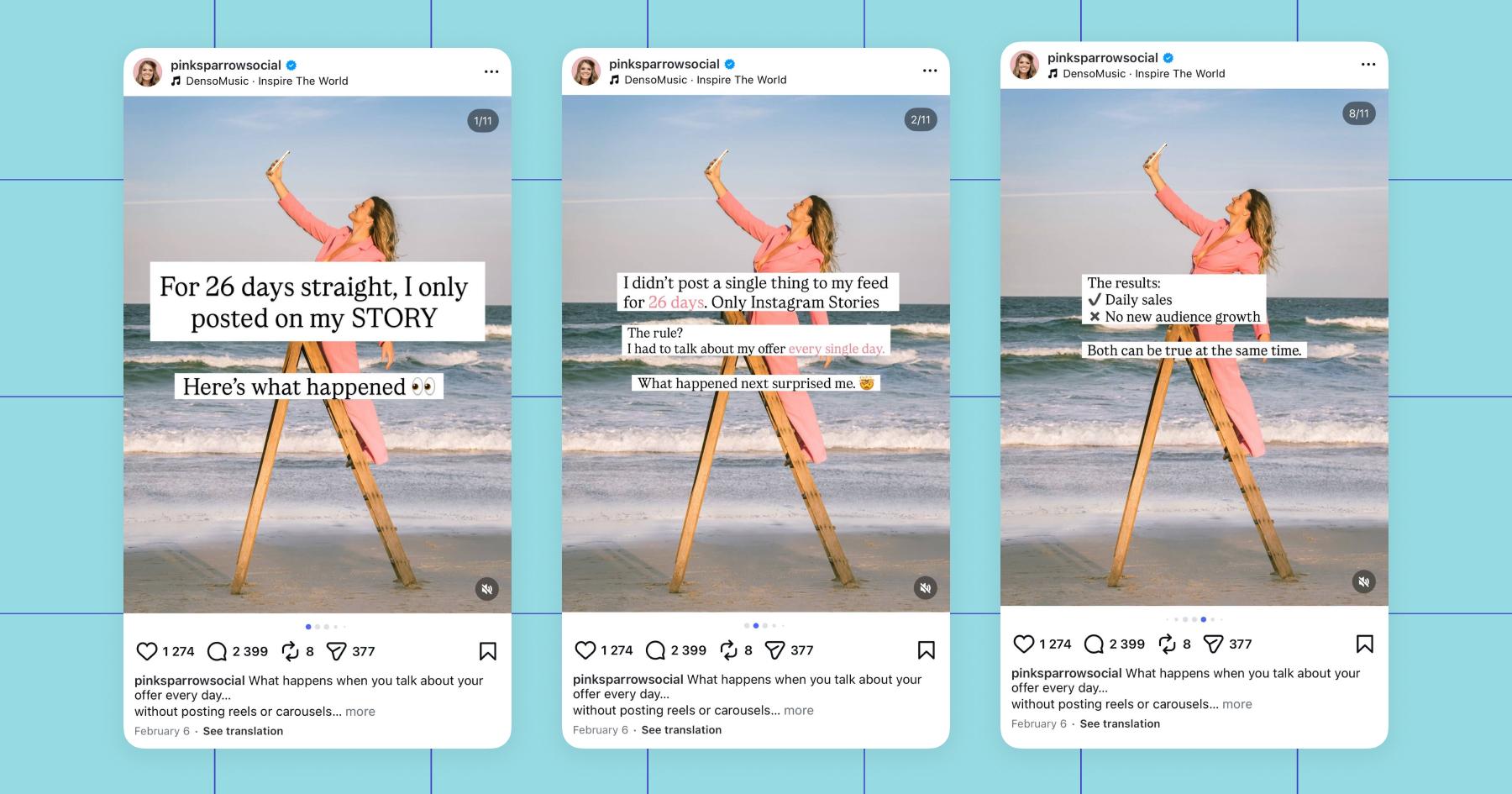 Screenshots of Pink Sparrow Social posts on Instagram 