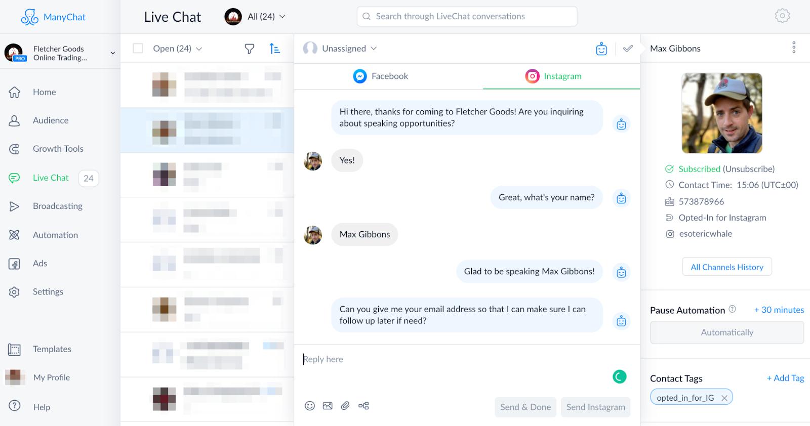 Answering DMs in Manychat dashboard