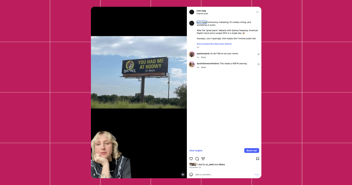 Screenshot of Chronically Online Magazine's Instagram account post of a Bucee's billboard with a typo, filmed using the TikTok greenscreen effect
