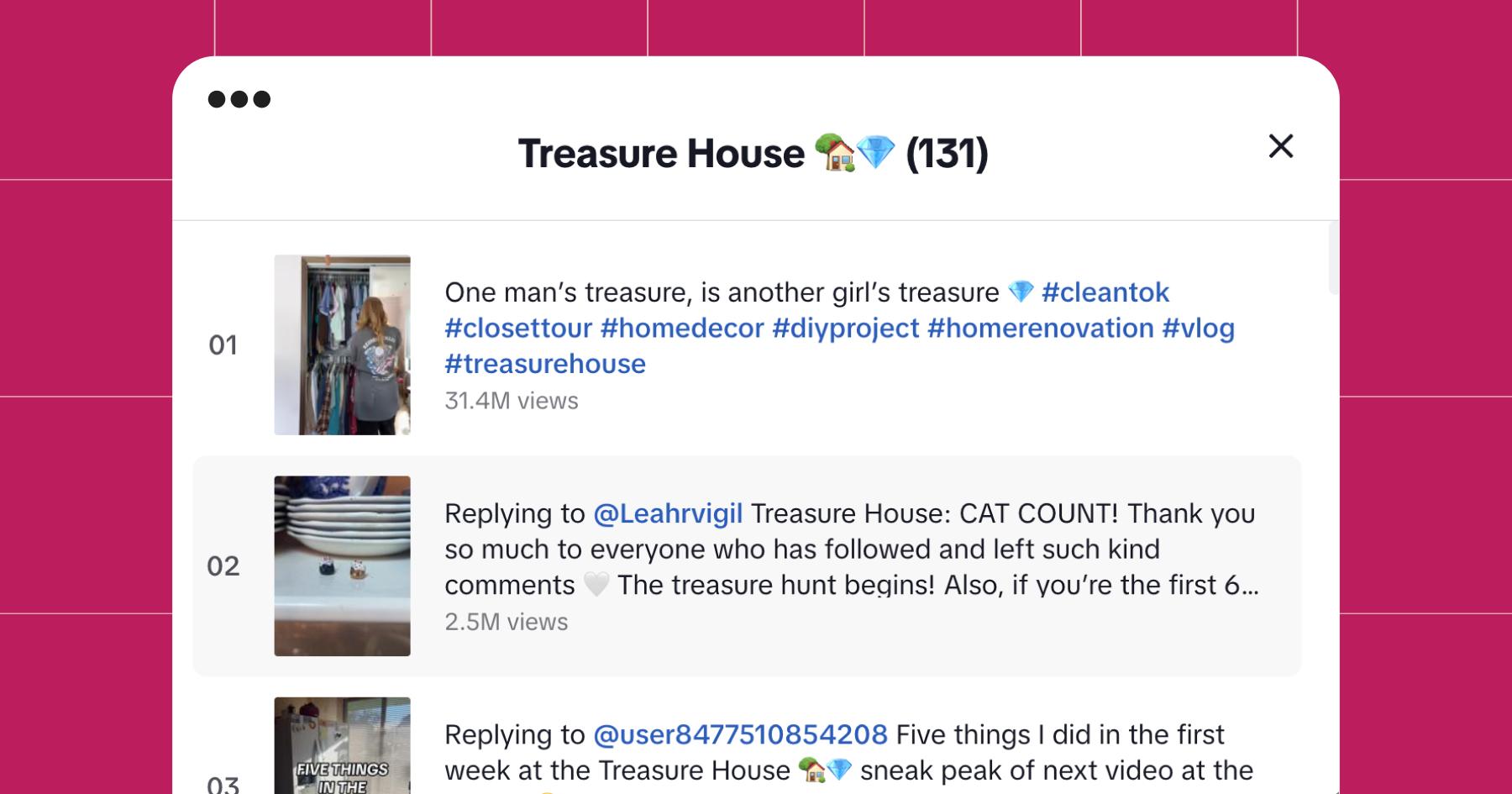 Screenshot of Treasure House series on TikTok with 131 videos