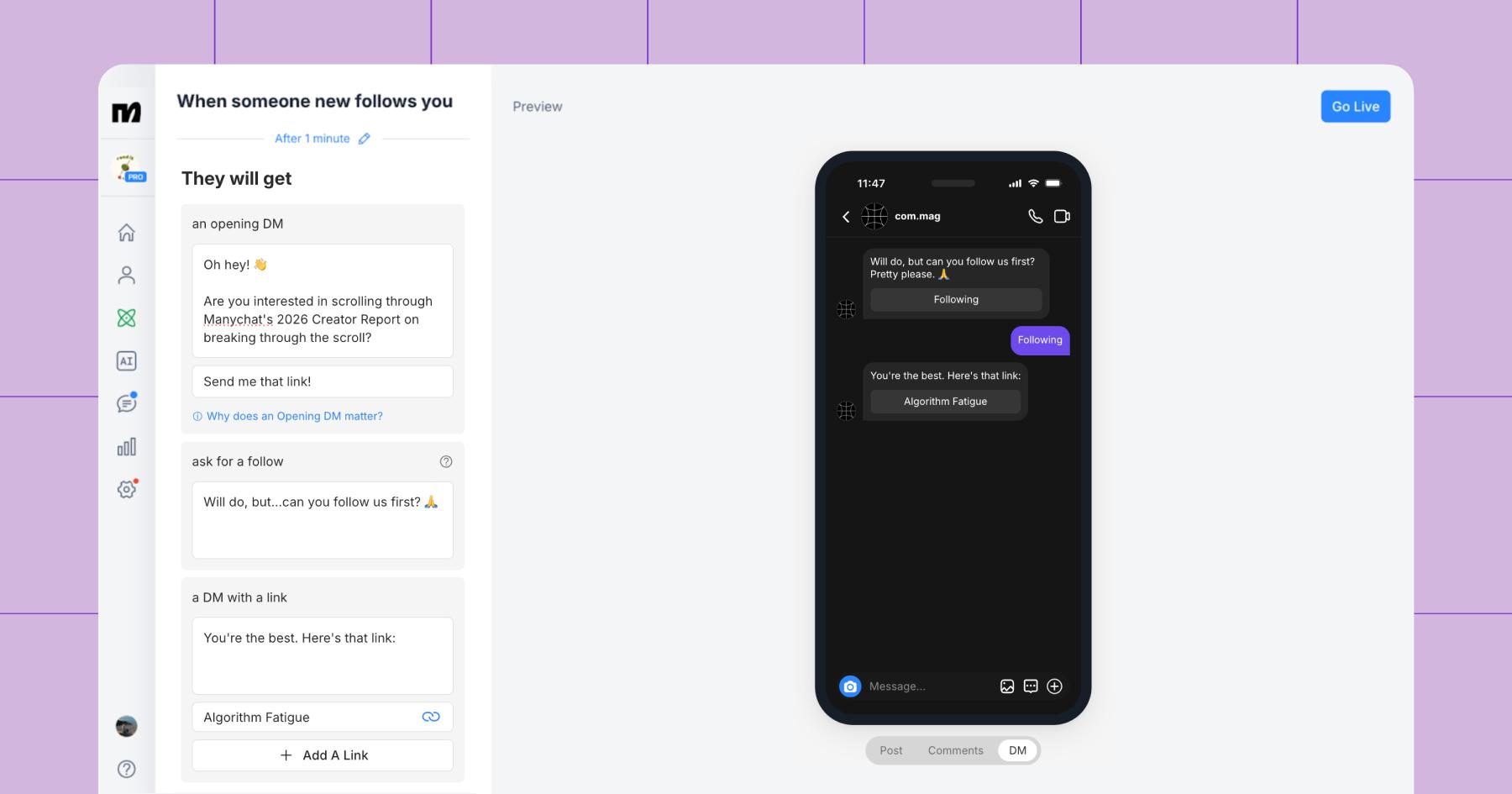 Screenshot of a quick automation for new followers in Manychat