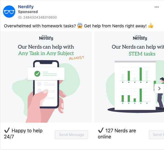 Facebook Messenger Ad connected to a chatbot from Nerdify 