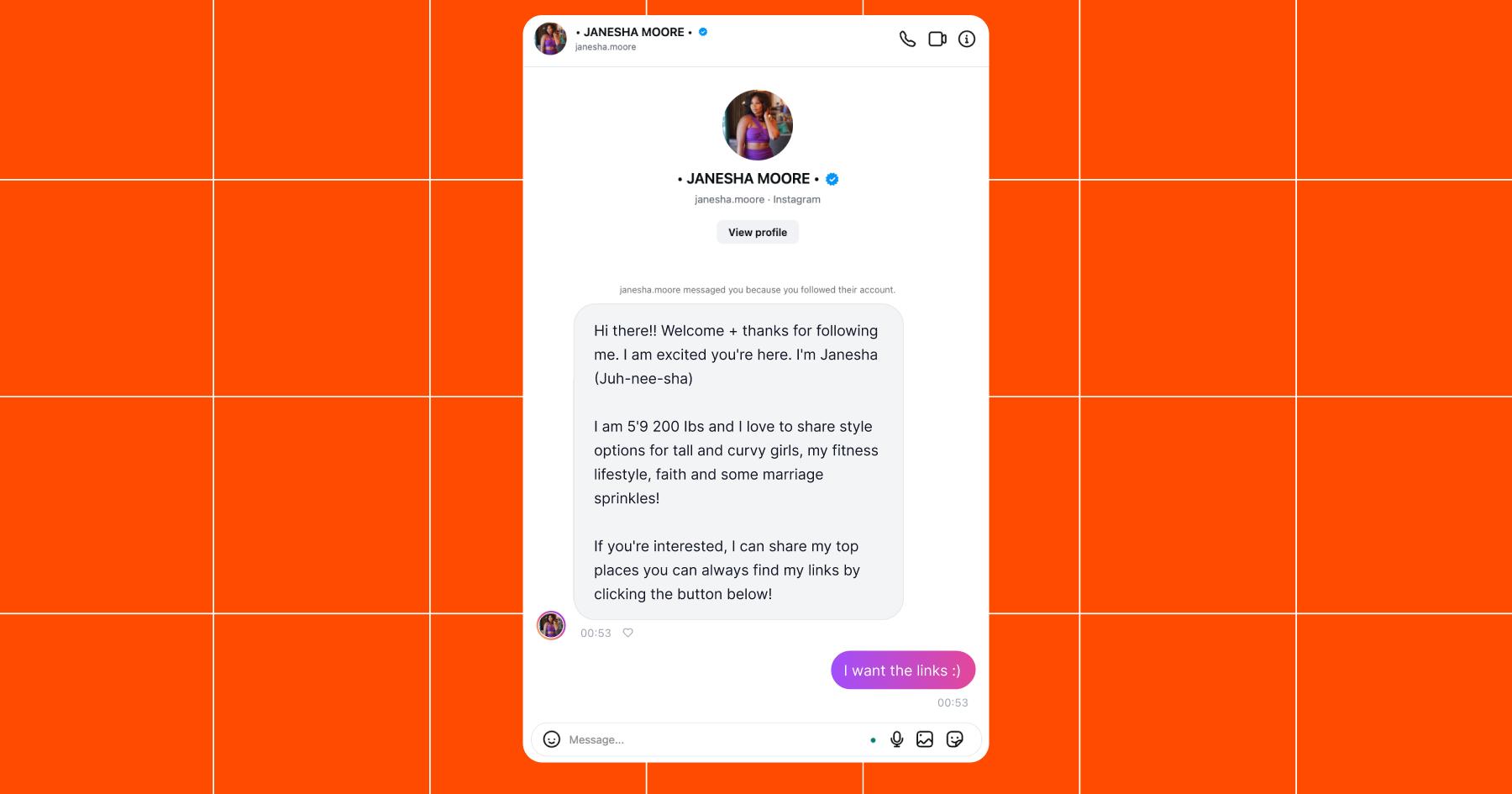Screenshot of Janesha Moore's welcome DM sharing who she is and what her account is about