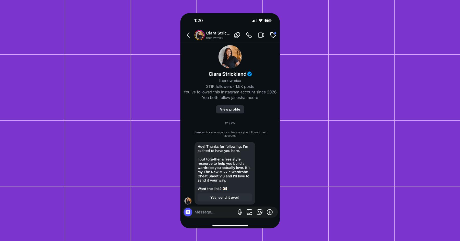 Screenshot of Ciara Strickland's Follow to DM welcome message