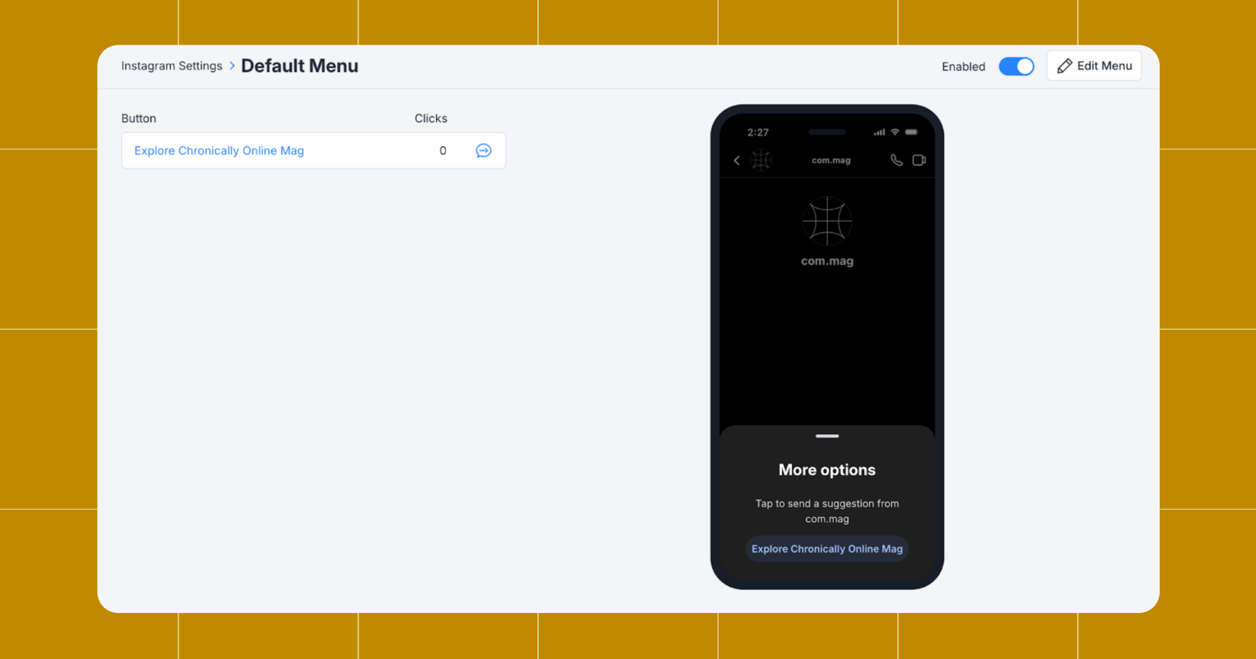 Screenshot of the Manychat main menu, aka default menu 