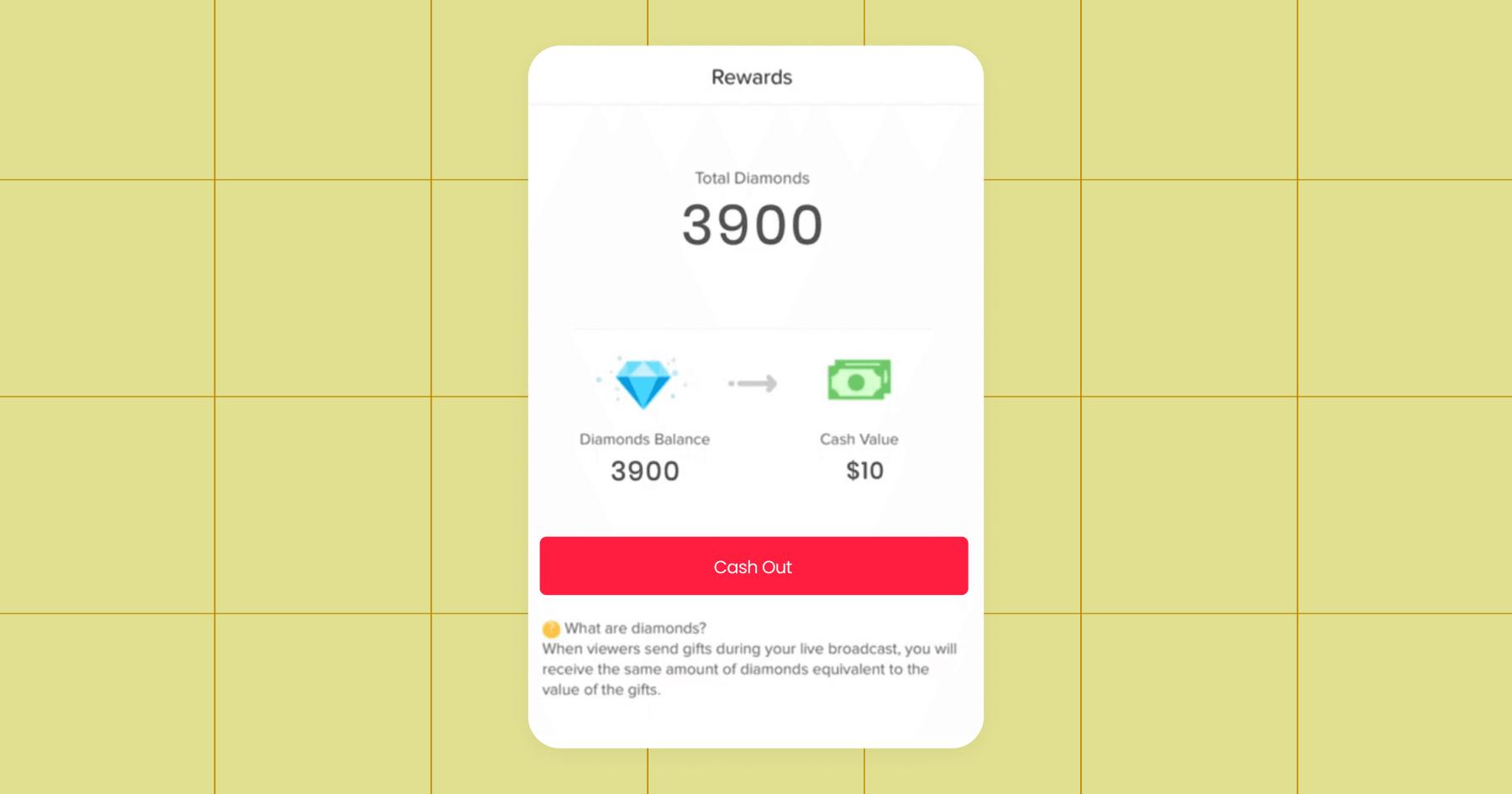 Screenshot of TikTok Diamonds in the Rewards section. 3900 Diamonds is a cash value of $10
