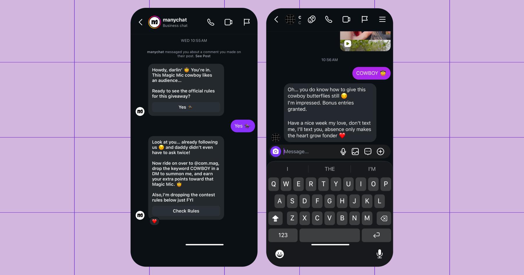 Screenshot of how the Manychat Magic Mic giveaway automation looked in Instagram DMs