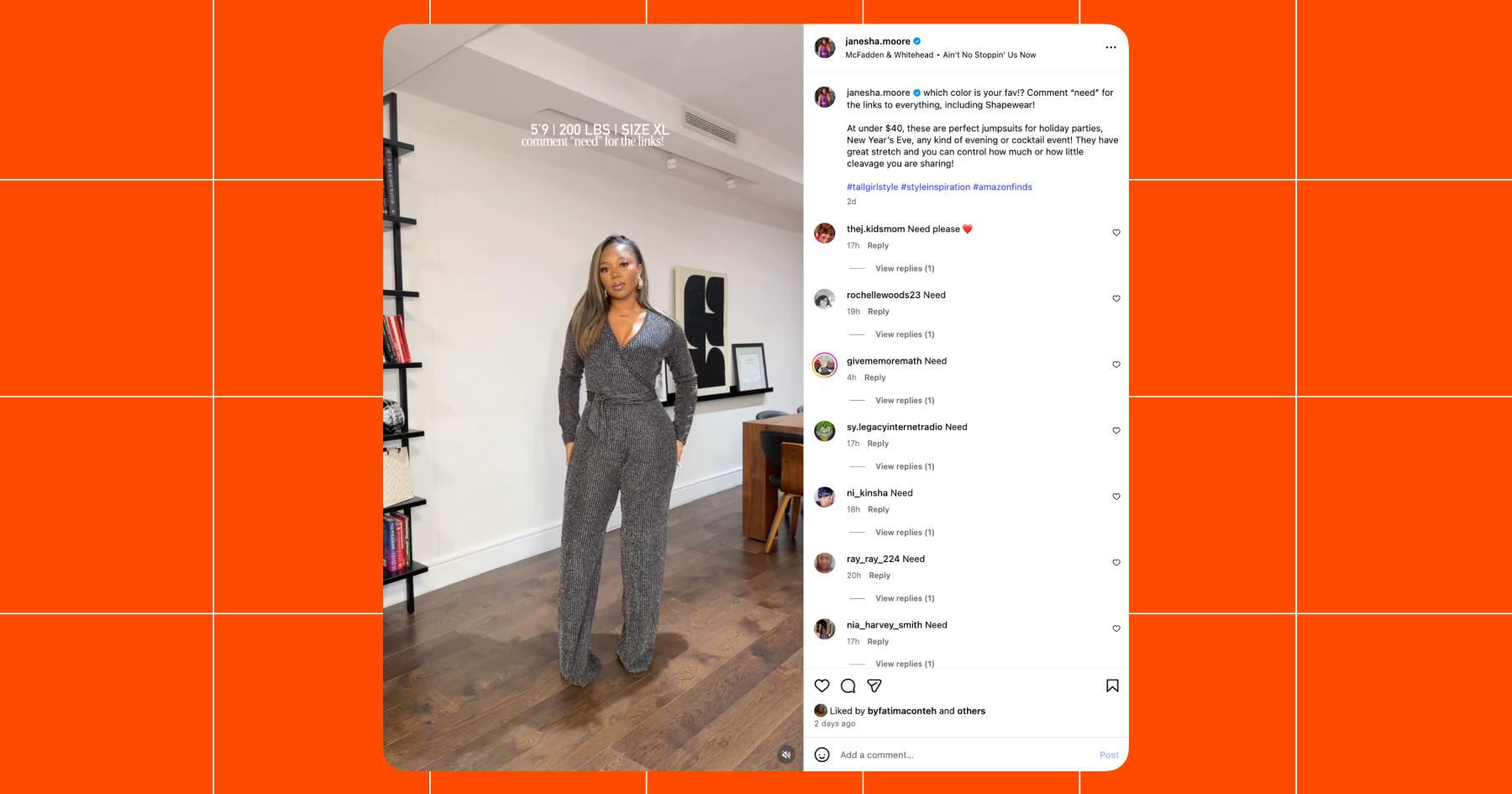 Screenshot of Janesha Moore sharing a jumpsuit from Amazon with her personal details, so viewers have a better idea of how it might fit them