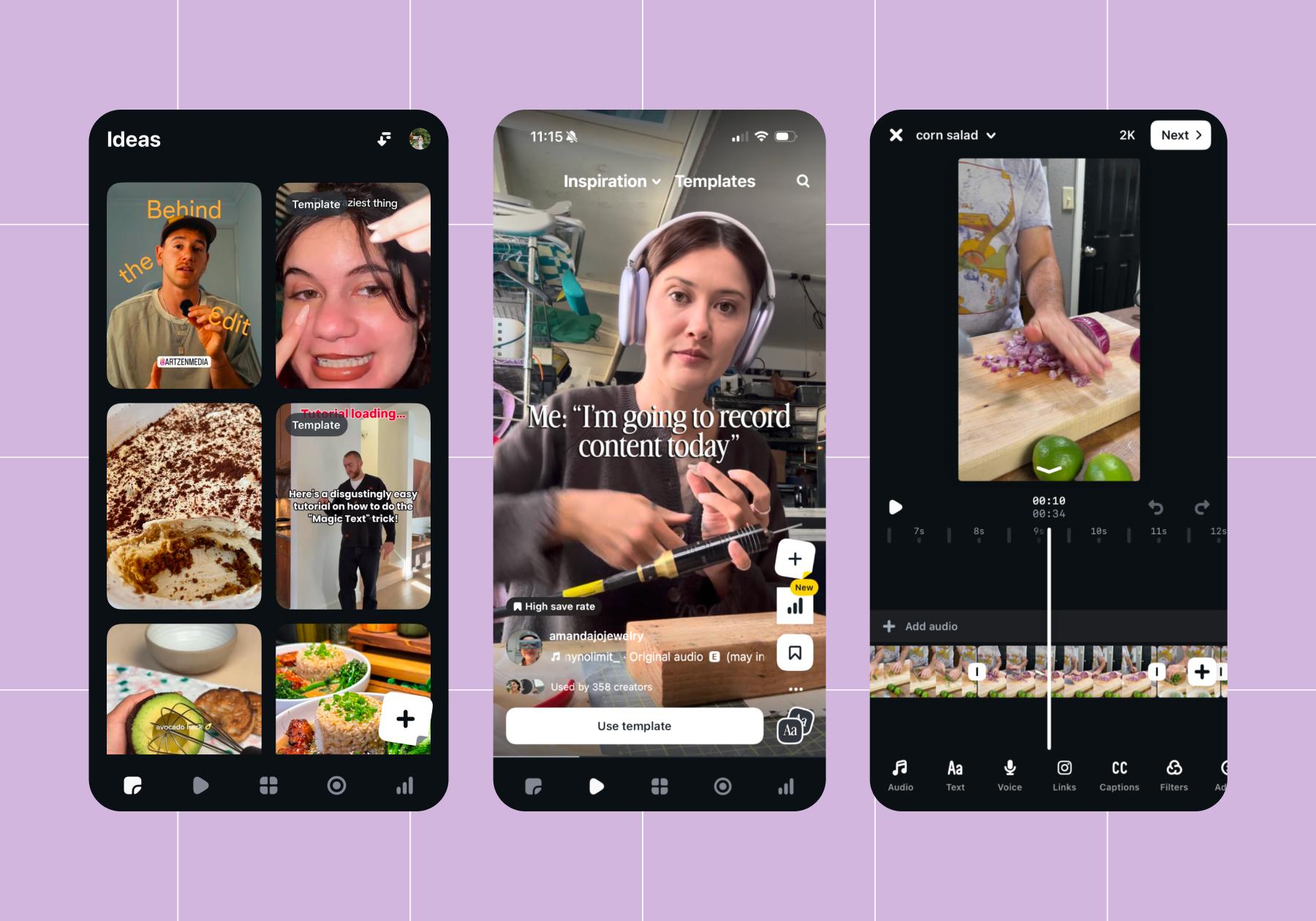 Screenshot of options on the Instagram Edits app