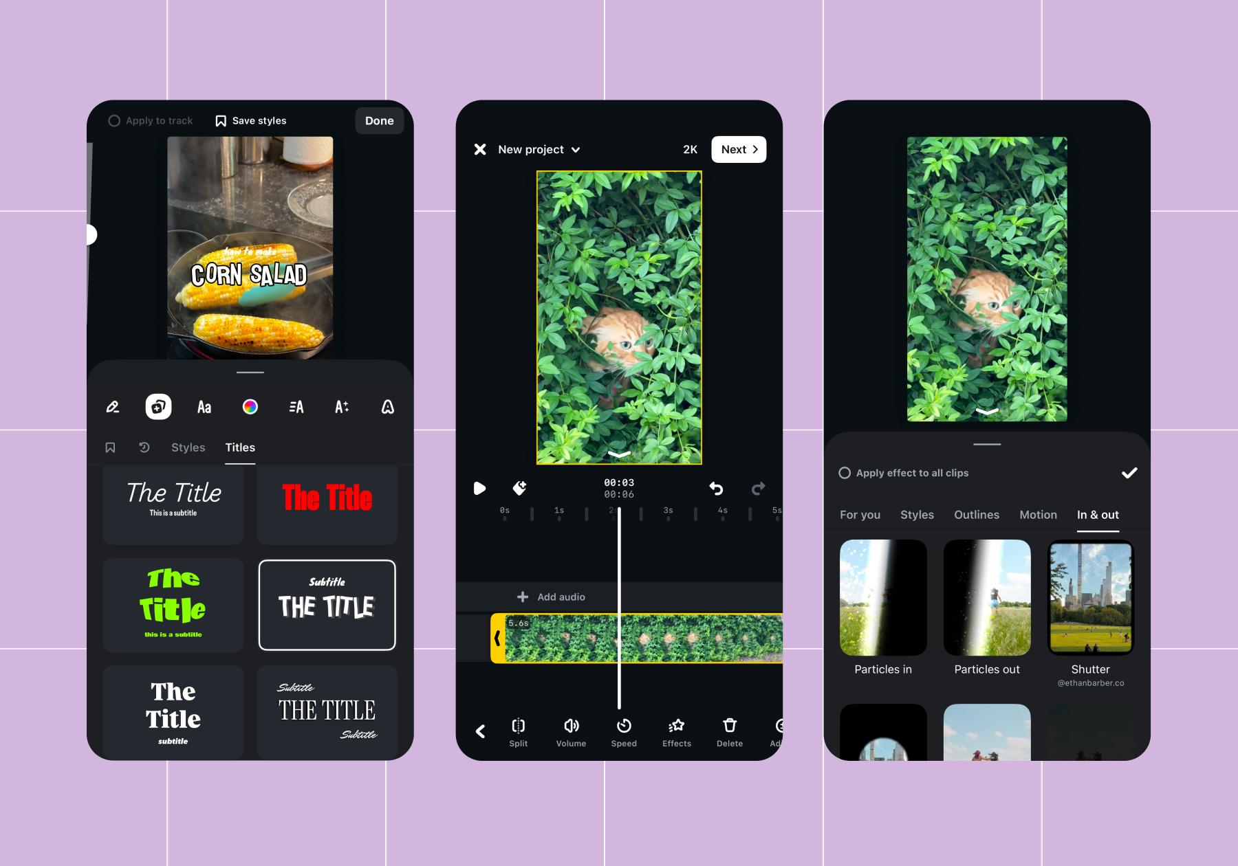 Screenshot of options on the Instagram Edits app