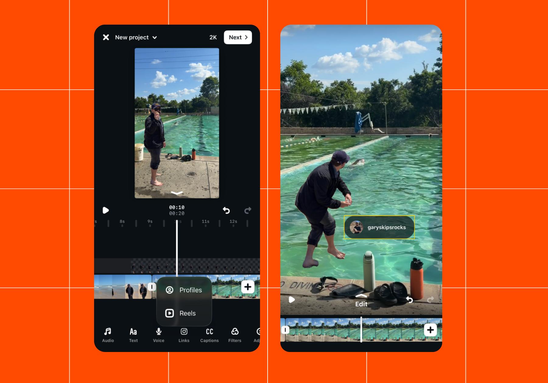 Screenshot of options on the Instagram Edits app
