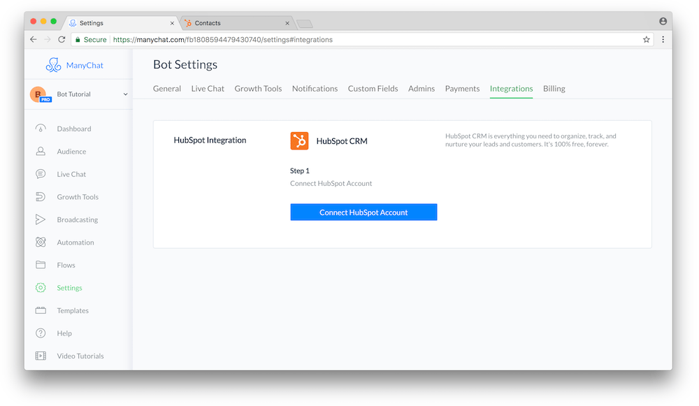 Connecting HubSpot to Manychat account