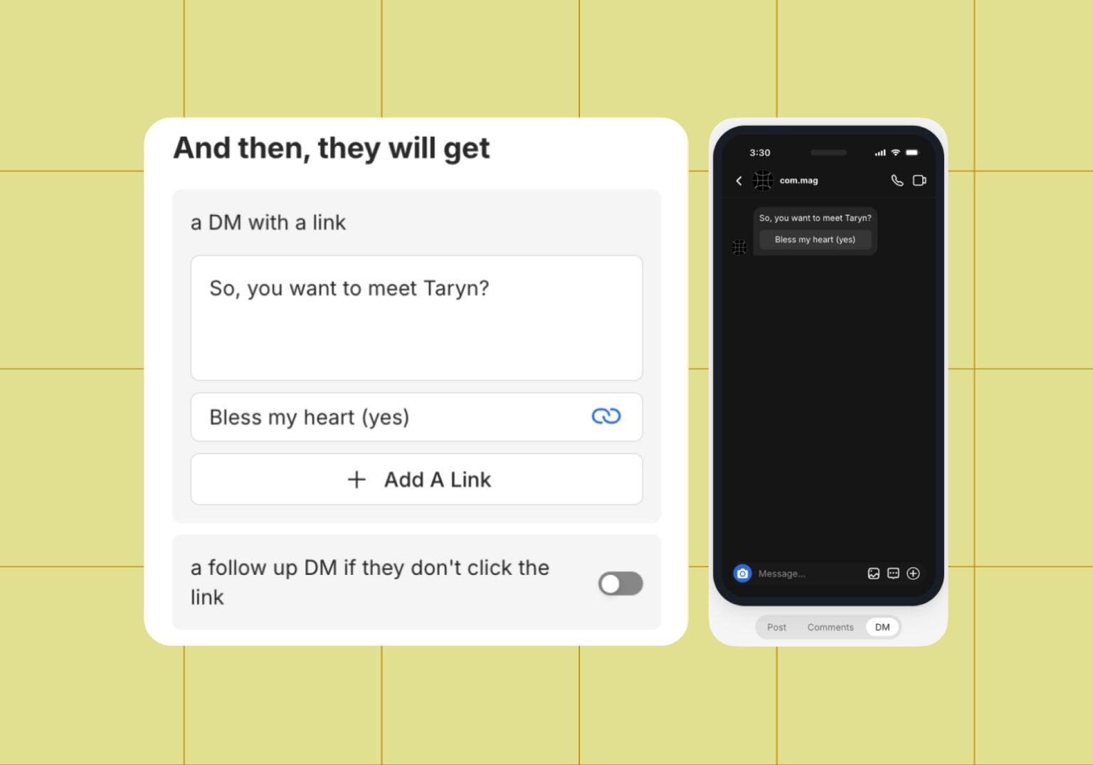 Screenshot of selections options next to what the final message with a CTA button looks like on Instagram 