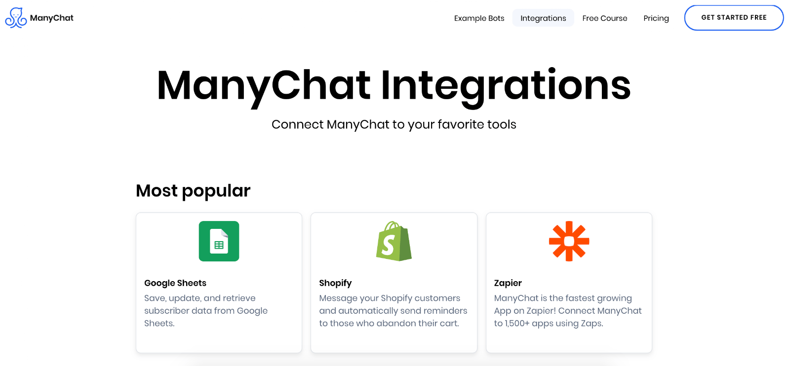 Manychat integrations page