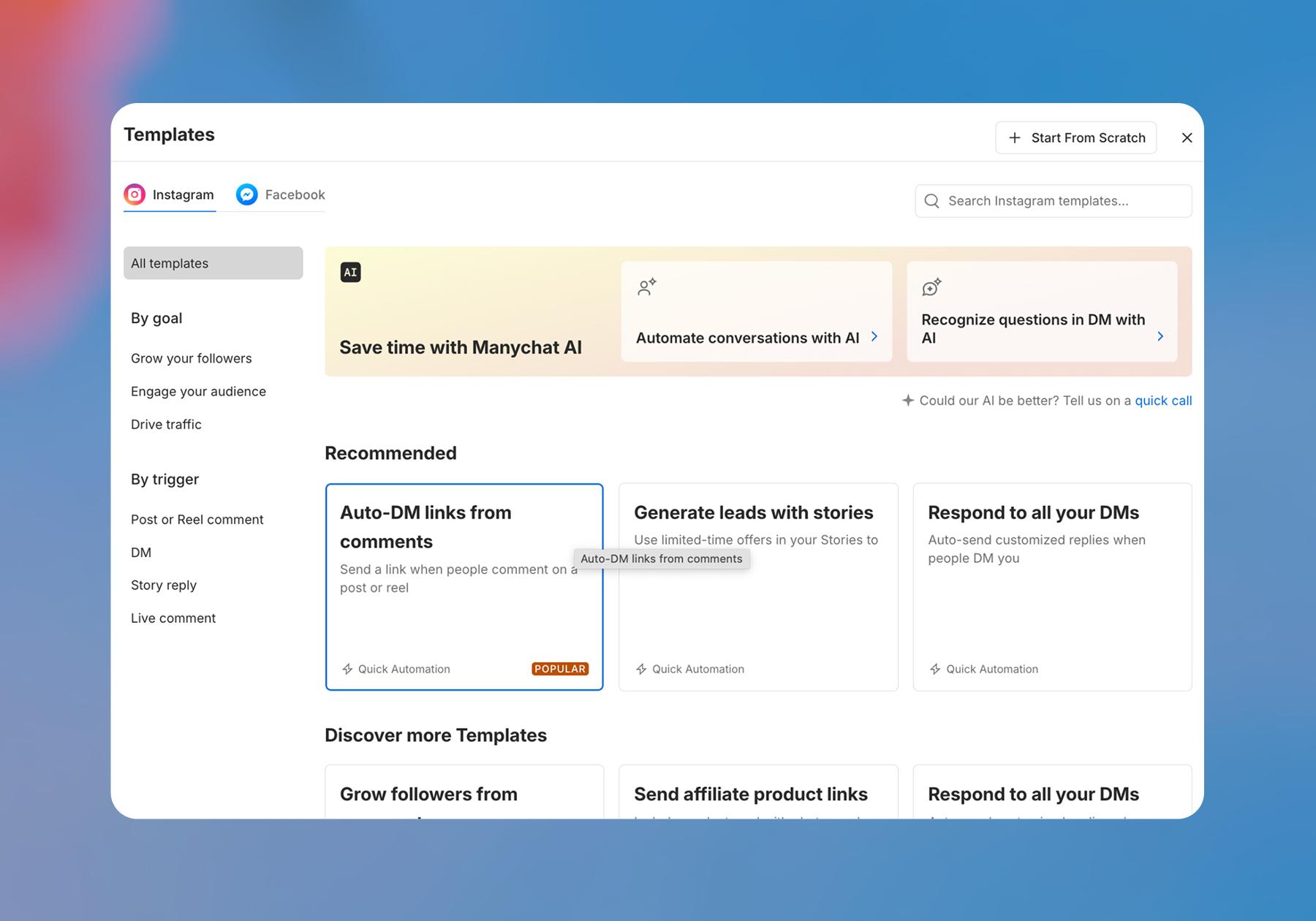 Screenshot of steps needed: Open Manychat and head to Automations. Click + New Automation, then choose the Auto-DM links from the comments template.