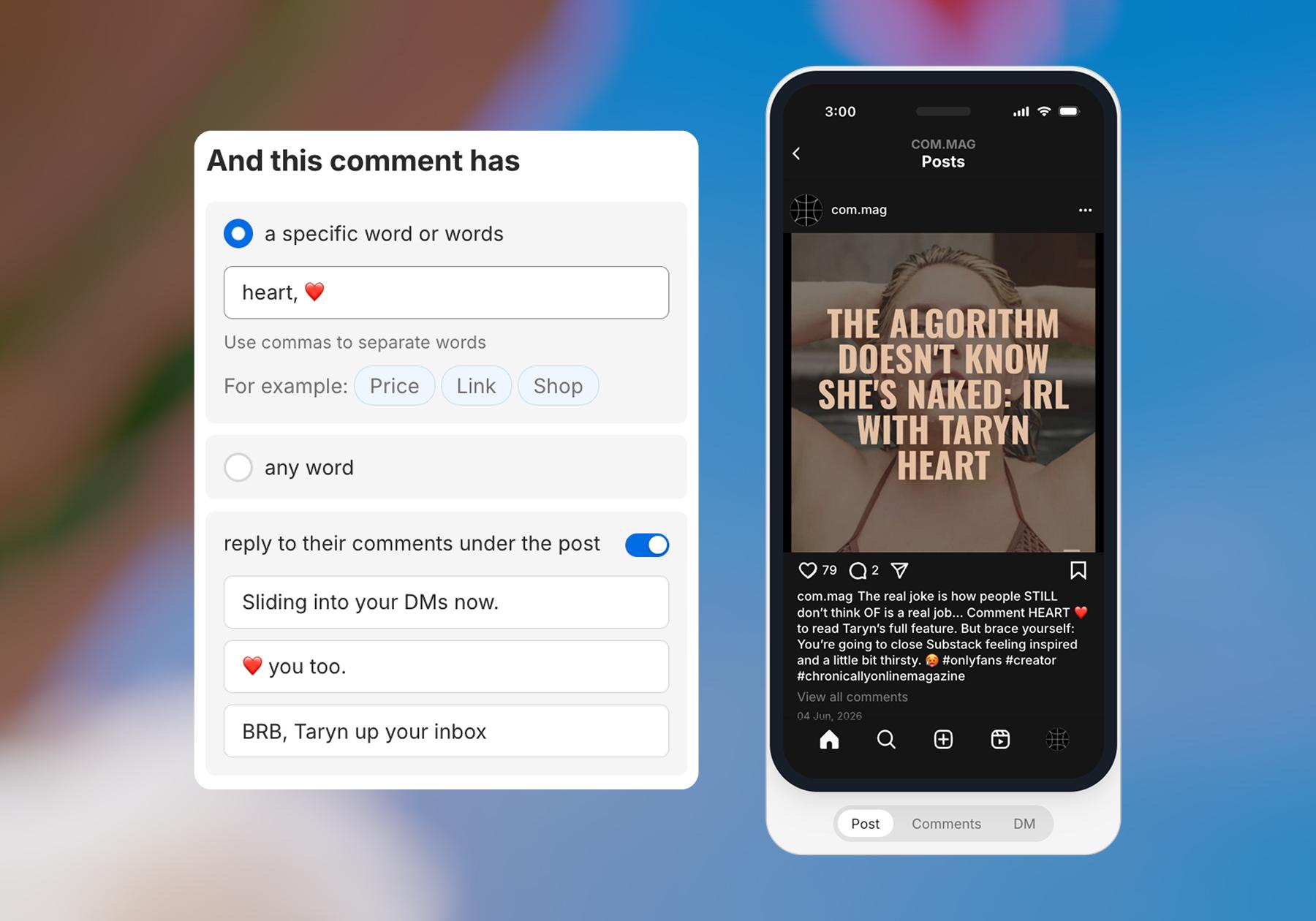 Screenshot of options for a flow, including toggle on reply to comments under a post, and write some responses.